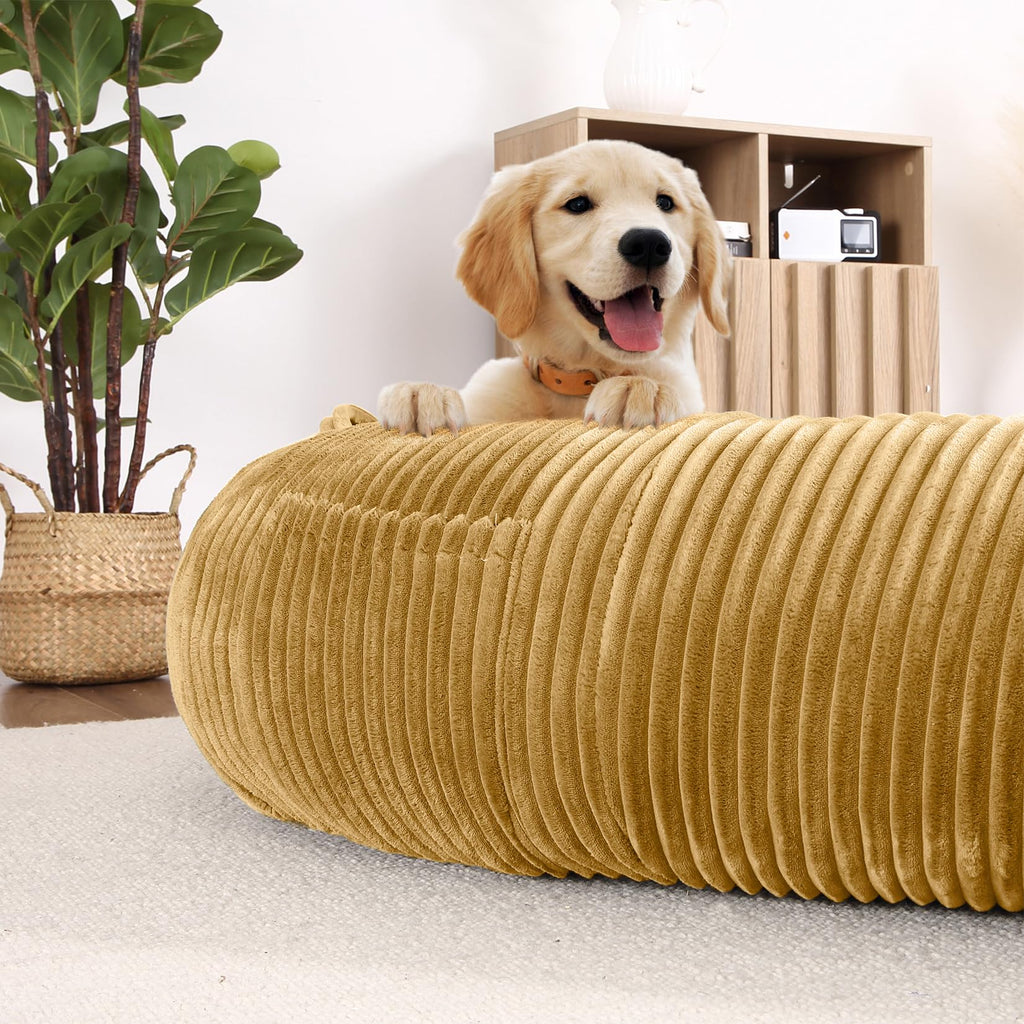 Garvee Dog Bed for Adult, Human Size Giant Dog Bed for Men and Women, 71”x48”x14” Human Dog Lazy Sofa Bed for People and Pets, Washable Strip Flannel Nap Bed Adult Oval, Human-Sized Dog Bed,Yellow