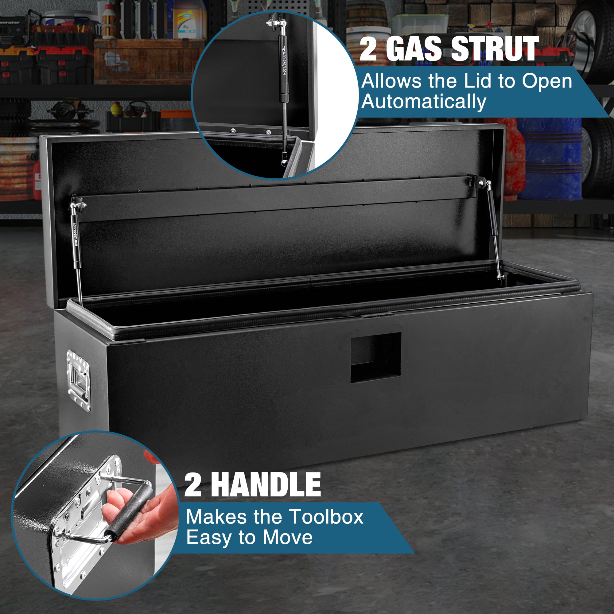 Garvee Black Steel Truck Bed Tool Box, 48"x15"x15", Weatherproof Storage Chest for Pickup, Truck Bed, RV, Trailer, Black Powder Coated