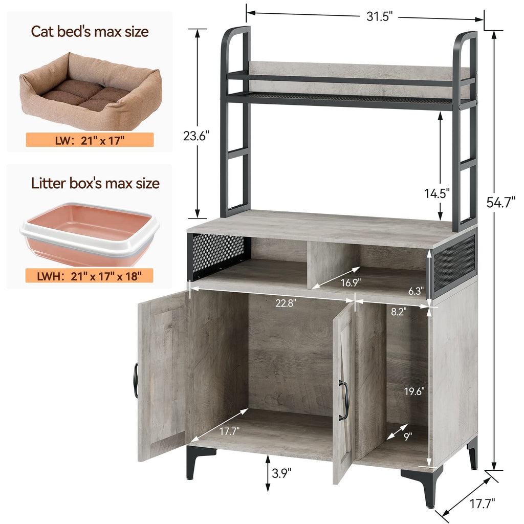 Garvee Hidden Cat Litter Box Enclosure Furniture with Shelf Storage,Litter Box Furniture,Sturdy Cat Washroom,Indoor Wooden Cat House Storage, Grey