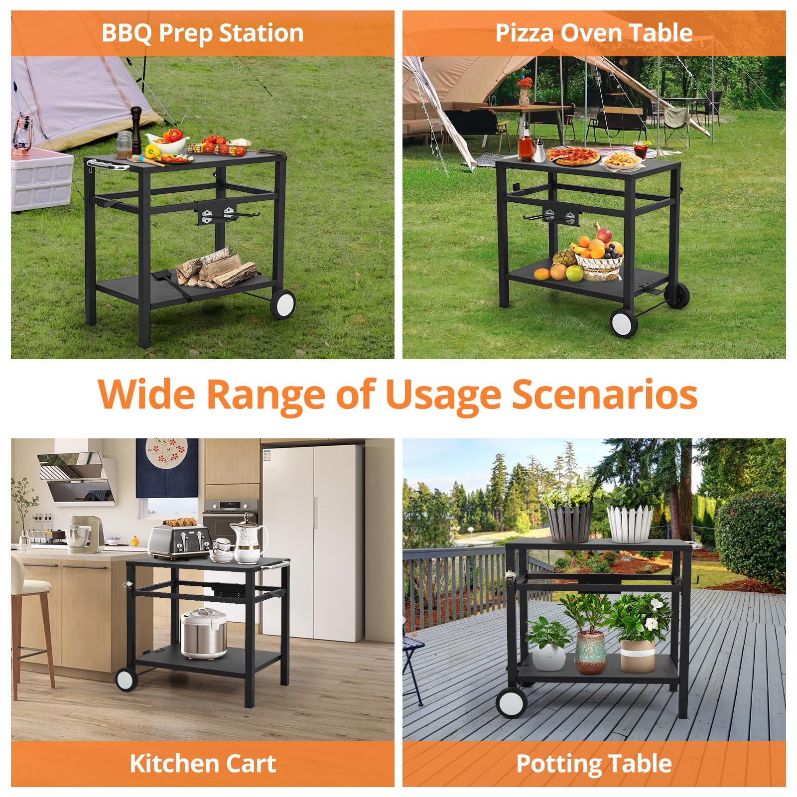 Garvee Outdoor Grill Cart with Wheels & Hooks – Portable Utility Table for Pizza Oven, BBQ, and Outdoor Cooking