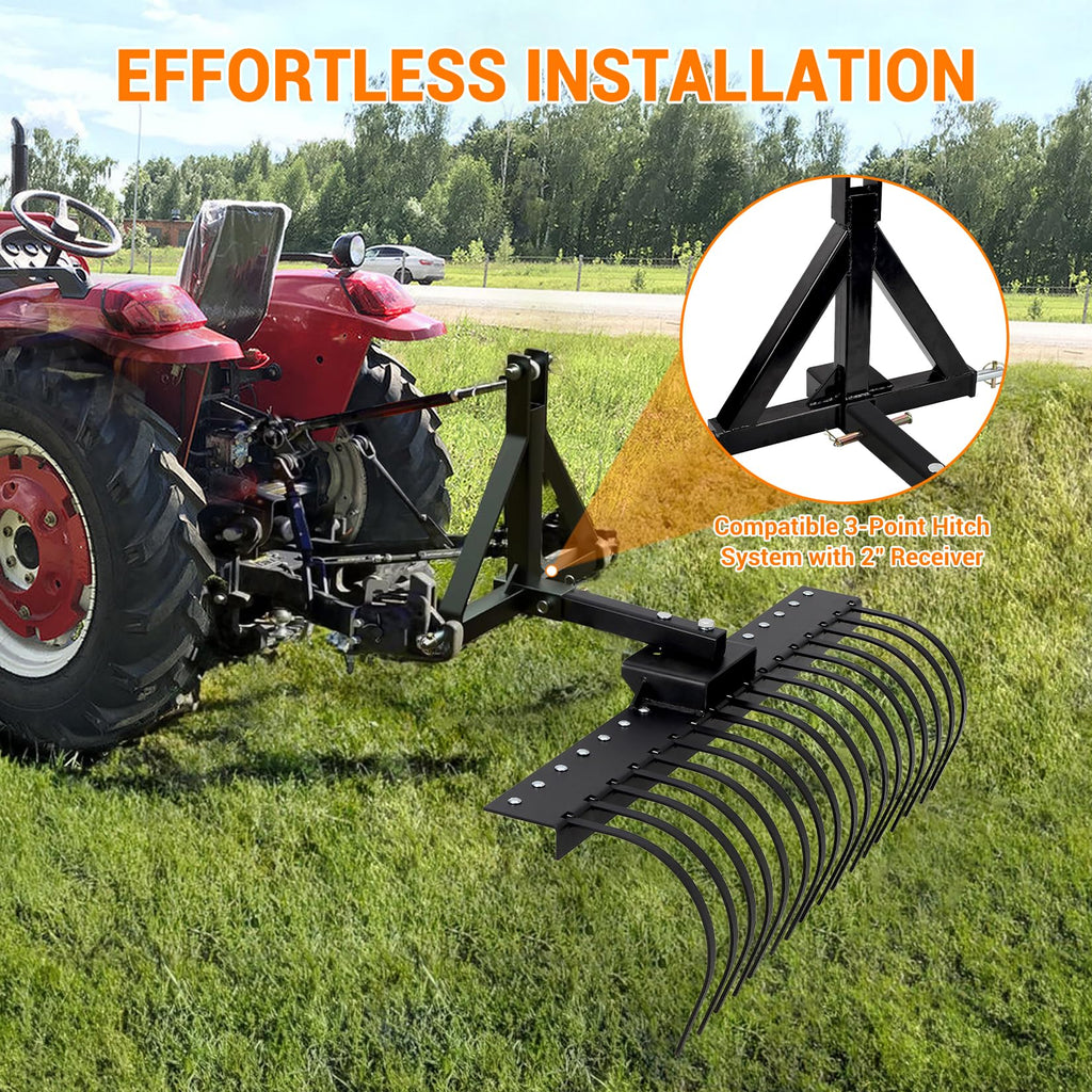 Garvee 49 Inch Landscape Rake Fits 2" Receiver for Tractor/ATV/UTV, Heavy Duty Rock Rake 17 Tines, Pine Straw Rake for Removal of Rock, Grass Clumps and Debris, Black