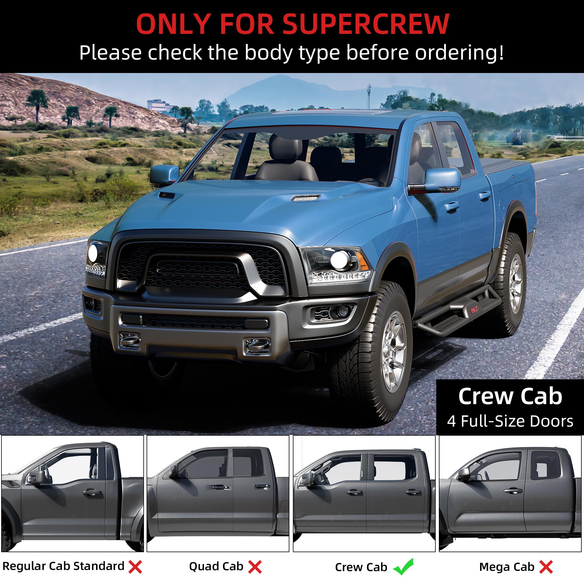 Garvee Running Boards Compatible with 2019-2024 Dodge Ram 1500 Crew Cab(Excl.2019-2023 Classic),Steel Rock Two Stairs Sliers for 2019 2020 2021 2022 2023 2024 Ram 1500 New Body Supercrew Cab