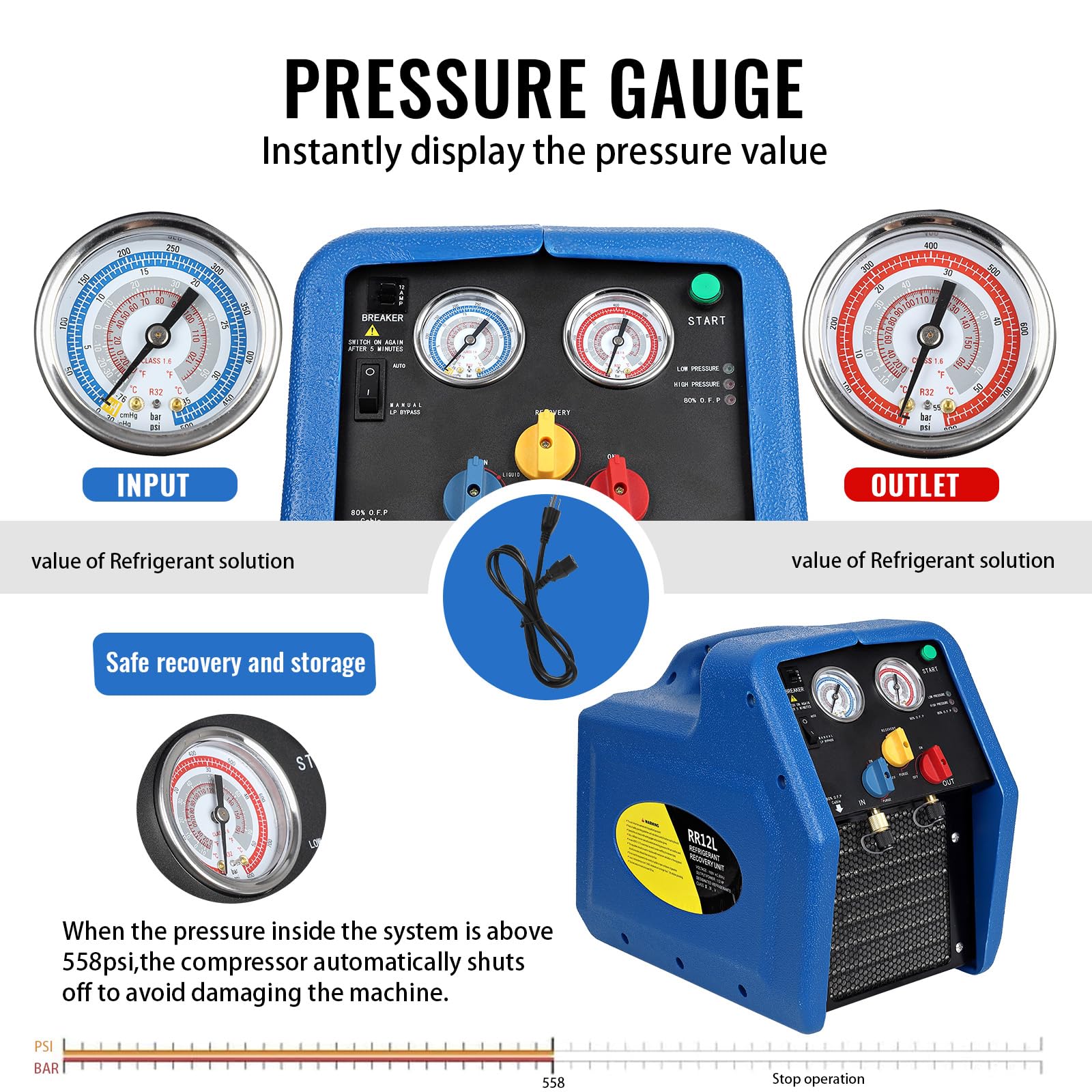 Garvee Refrigerant Recovery Machine Portable 1/2HP 110V Ac Refrigerant Recycling Machine Automotive Hvac 558psi Refrigerant Recovery Unit Air Conditioning Repair Tool