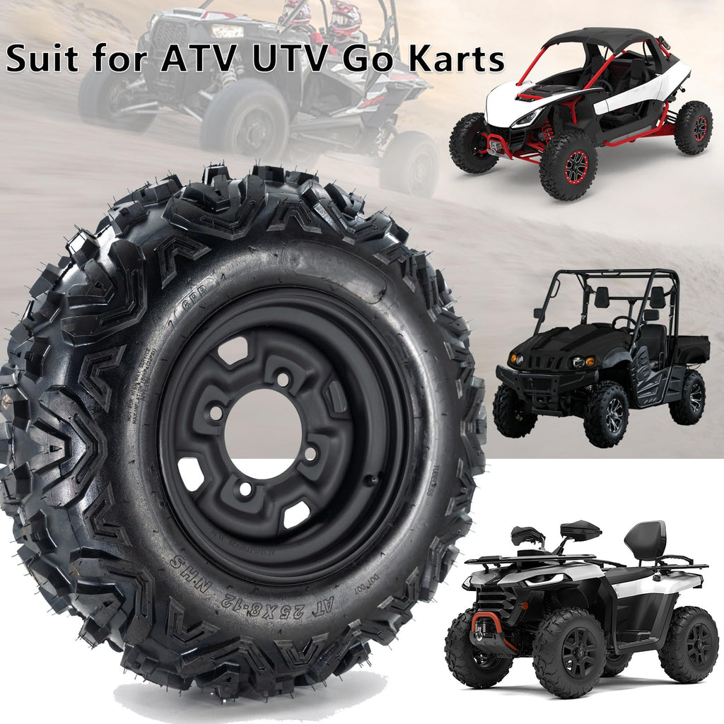 Garvee 25x10-12 ATV Tires with 12" Steel Wheel Rim 4 Bolt All-Terrain Off-Road Mud Sand Terrain Black