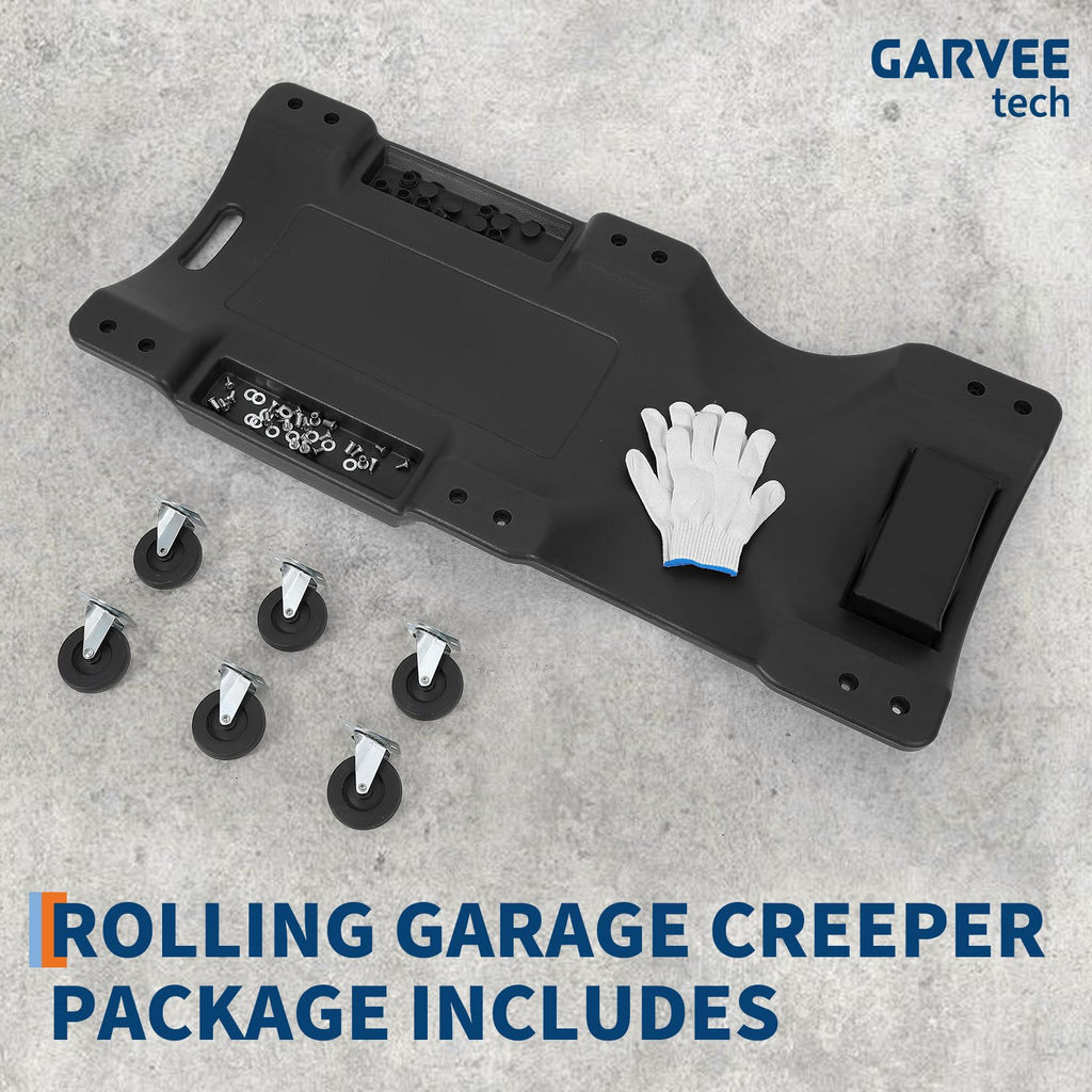Garvee 40" Plastic Rolling Automotive Garage Shop Creeper, 350 Lbs Capacity, Ergonomic HDPE Body, Padded Headrest, Dual Tool Trays, 6 Casters, Black
