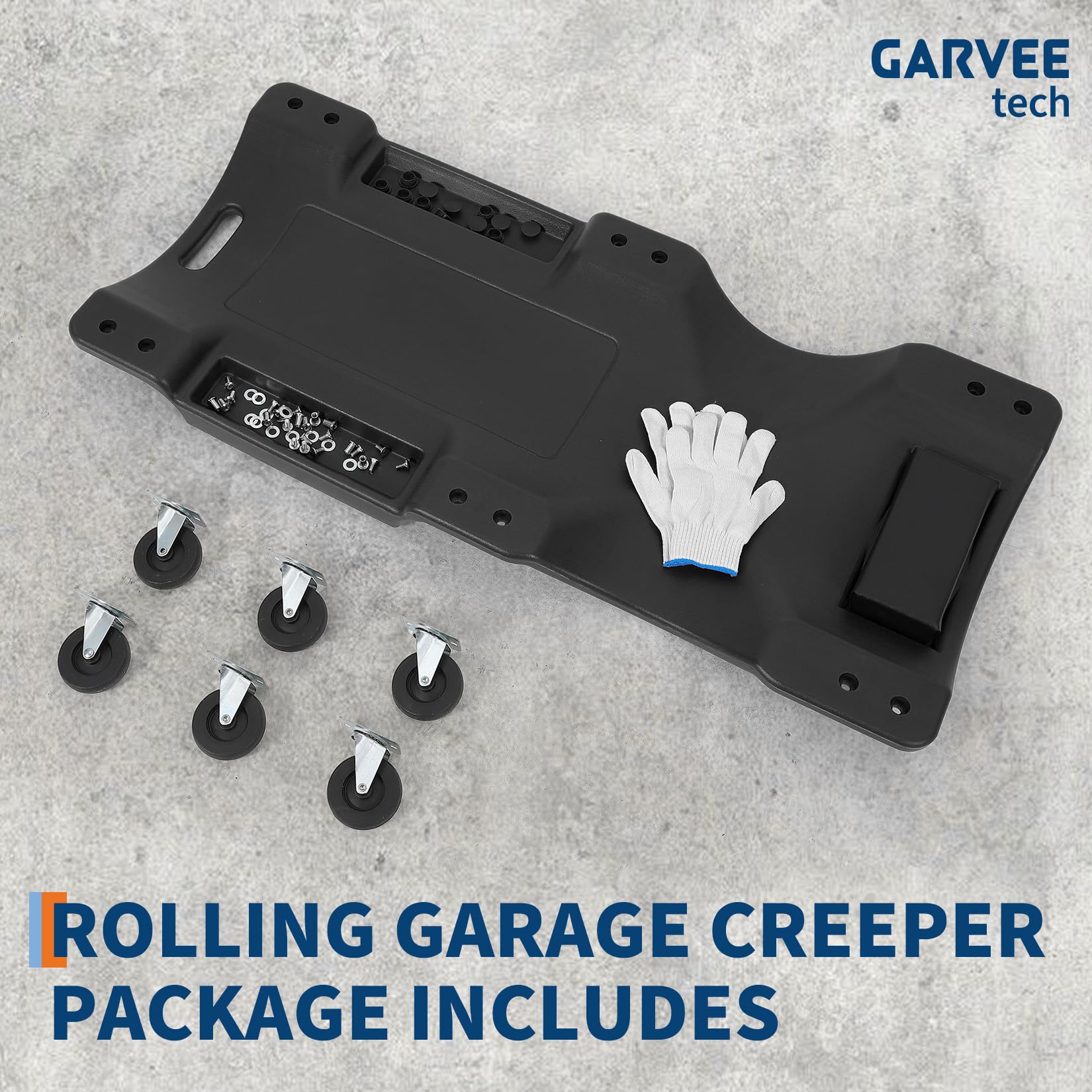 Garvee 40" Plastic Rolling Automotive Garage Shop Creeper, 350 Lbs Capacity, Ergonomic HDPE Body, Padded Headrest, Dual Tool Trays, 6 Casters, Black