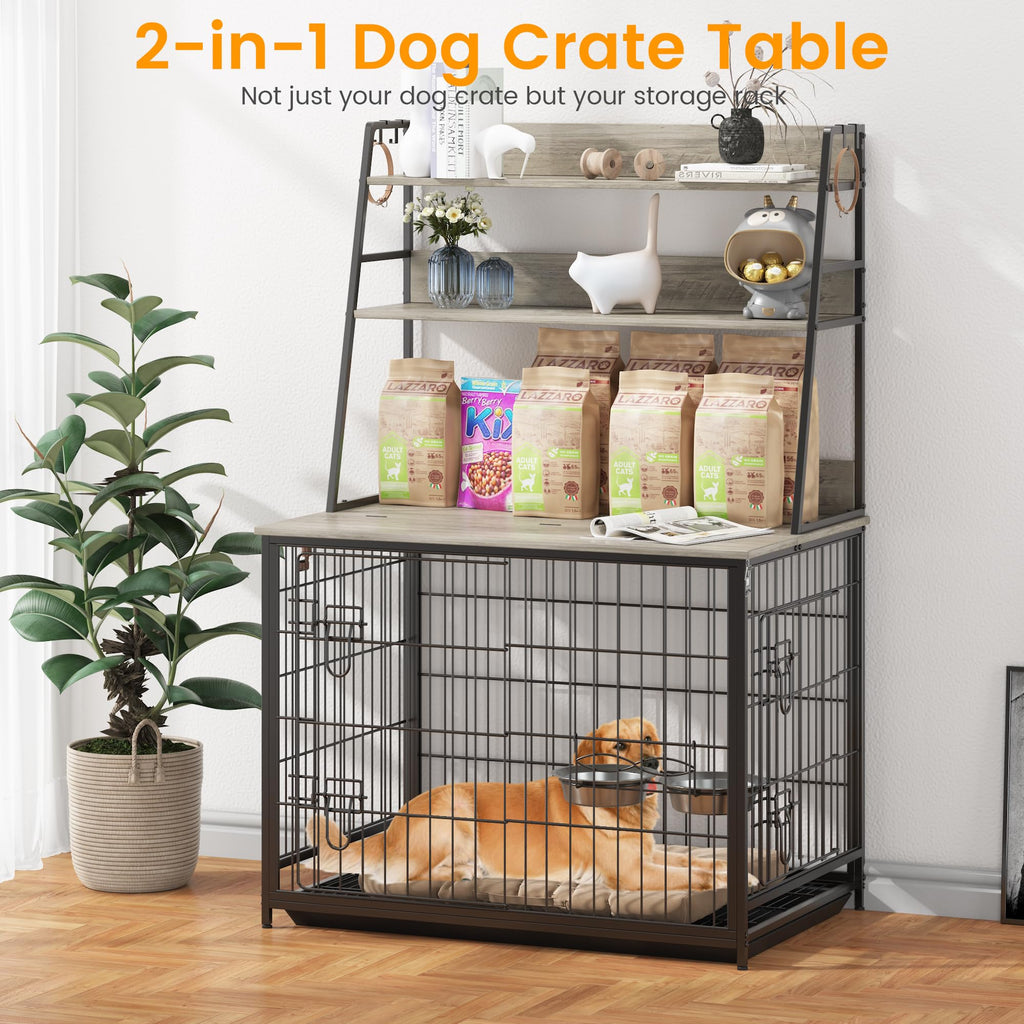 Garvee Wooden Dog Crate Furniture with Storage Shelves, Removable Tray, Double Doors, Adjustable Bowls and Flip-up Top, Grey
