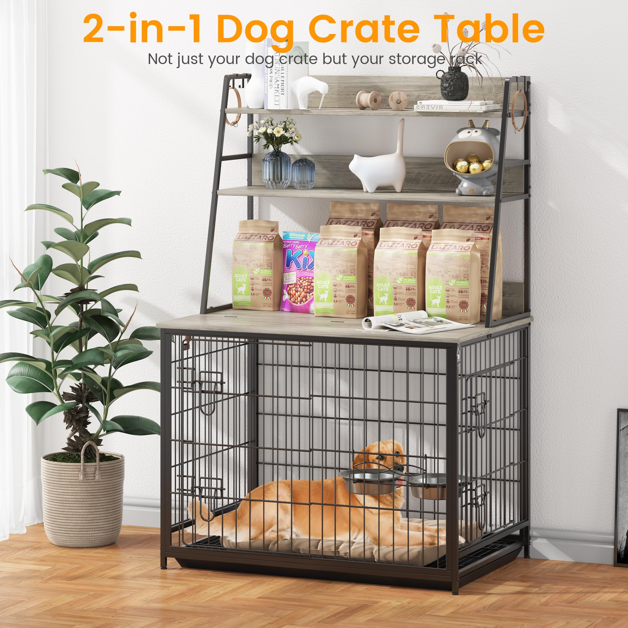 Garvee Wooden Dog Crate Furniture with Storage Shelves, Removable Tray, Double Doors, Adjustable Bowls and Flip-up Top, Grey