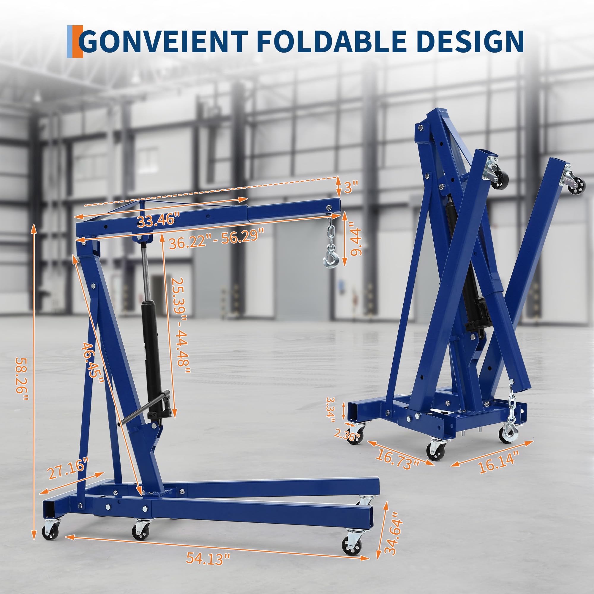 Garvee Engine Hoist Cherry Picker 2 Ton Folding Hydraulic Shop Crane with Telescopic Boom for Workshops Garage Blue