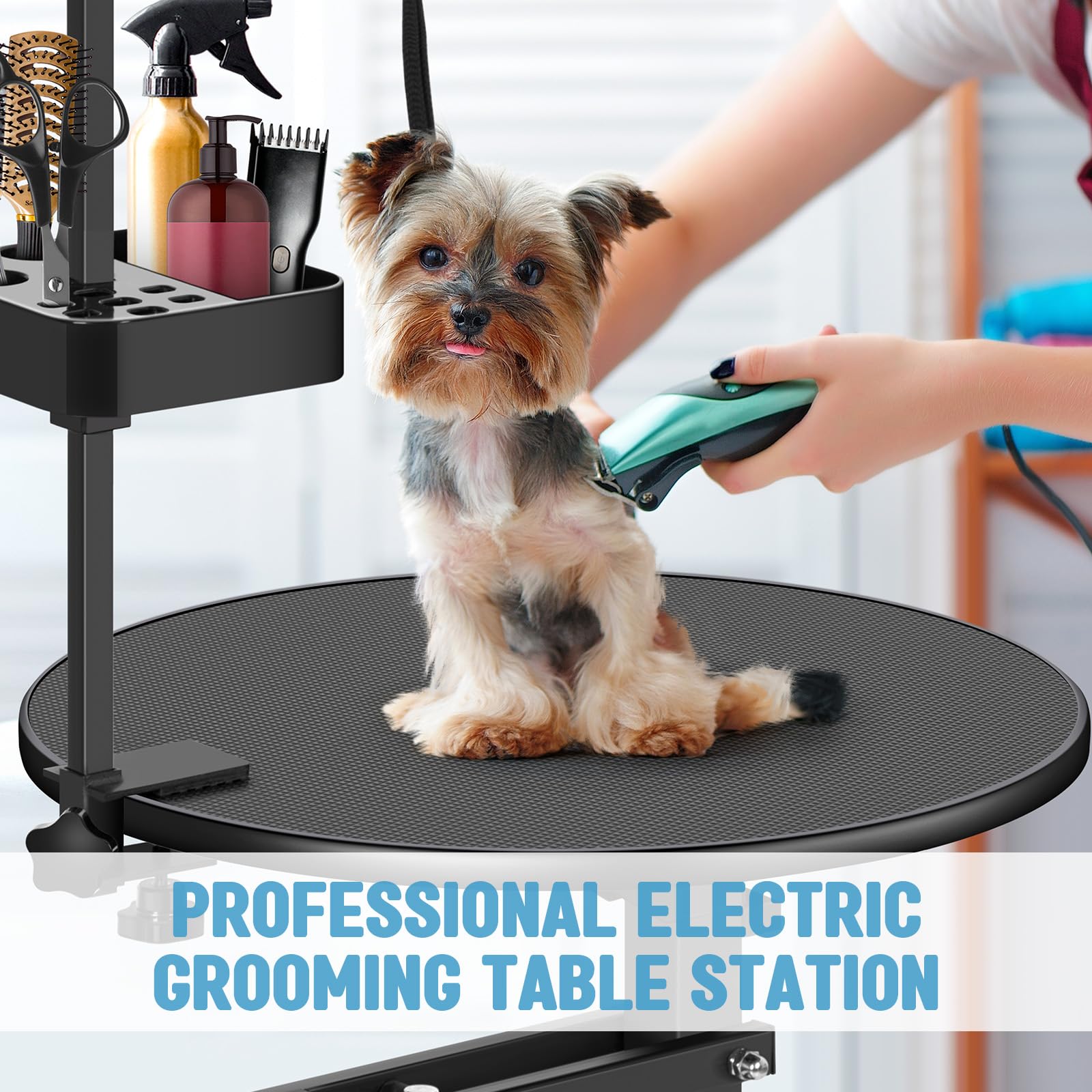 Garvee 24" Electric Dog Grooming Table, Adjustable Overhead Arm Dog Grooming Table, Rotating Desktop Pet Grooming Table, Suitable for Household Dogs, Non-Slip Table, Black
