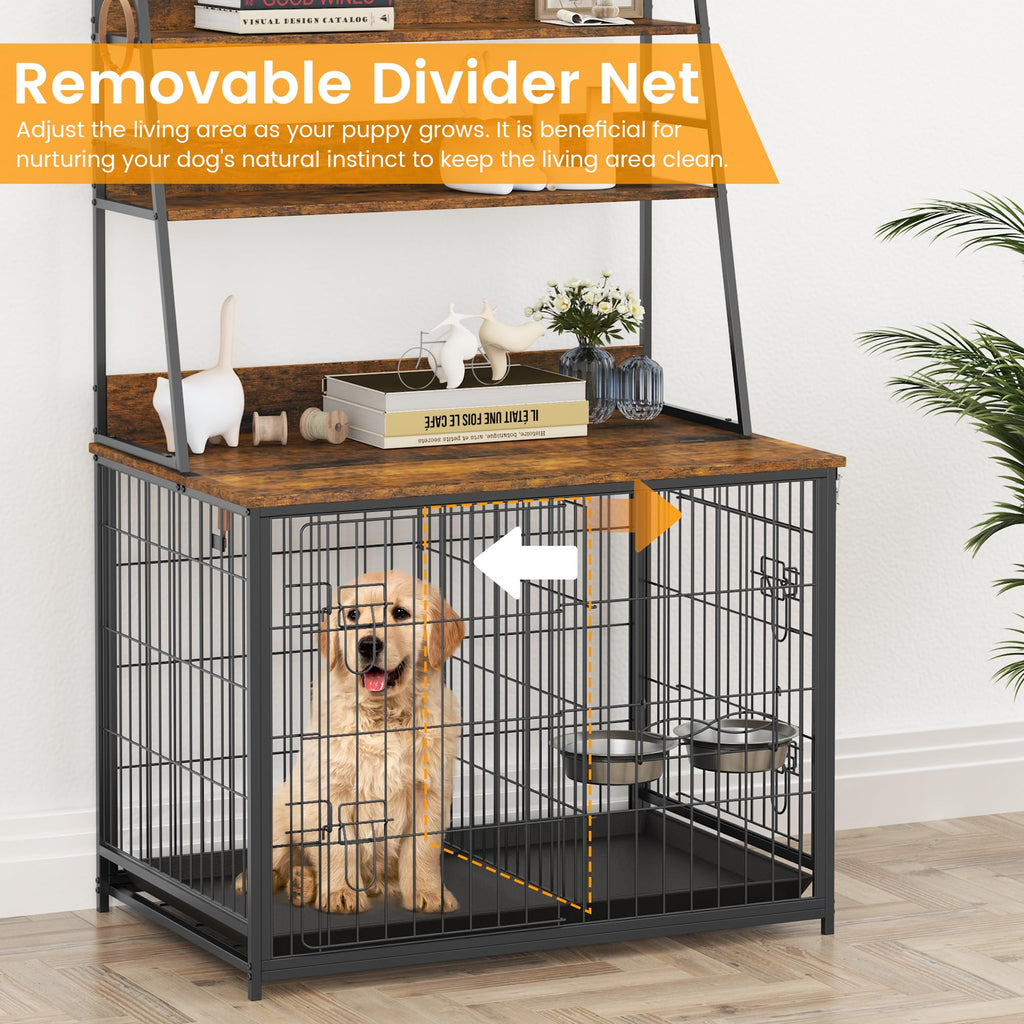 Garvee Wooden Dog Crate Furniture with Storage Shelves, Removable Tray, Double Doors, Adjustable Bowls and Flip-up Top, Brown