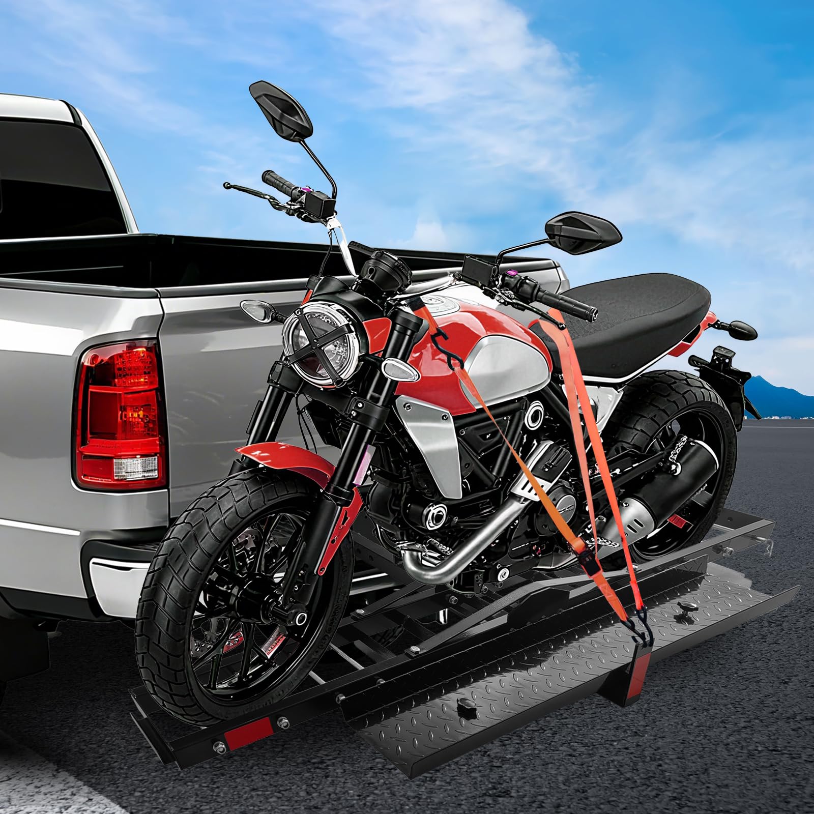 Garvee Motorcycle Rack Advanced Hitch Carrier Black Steel Dual-Sport Rack System 600lb Capacity with Extended Loading Ramp Universal Truck and SUV Mounting Hardware Included