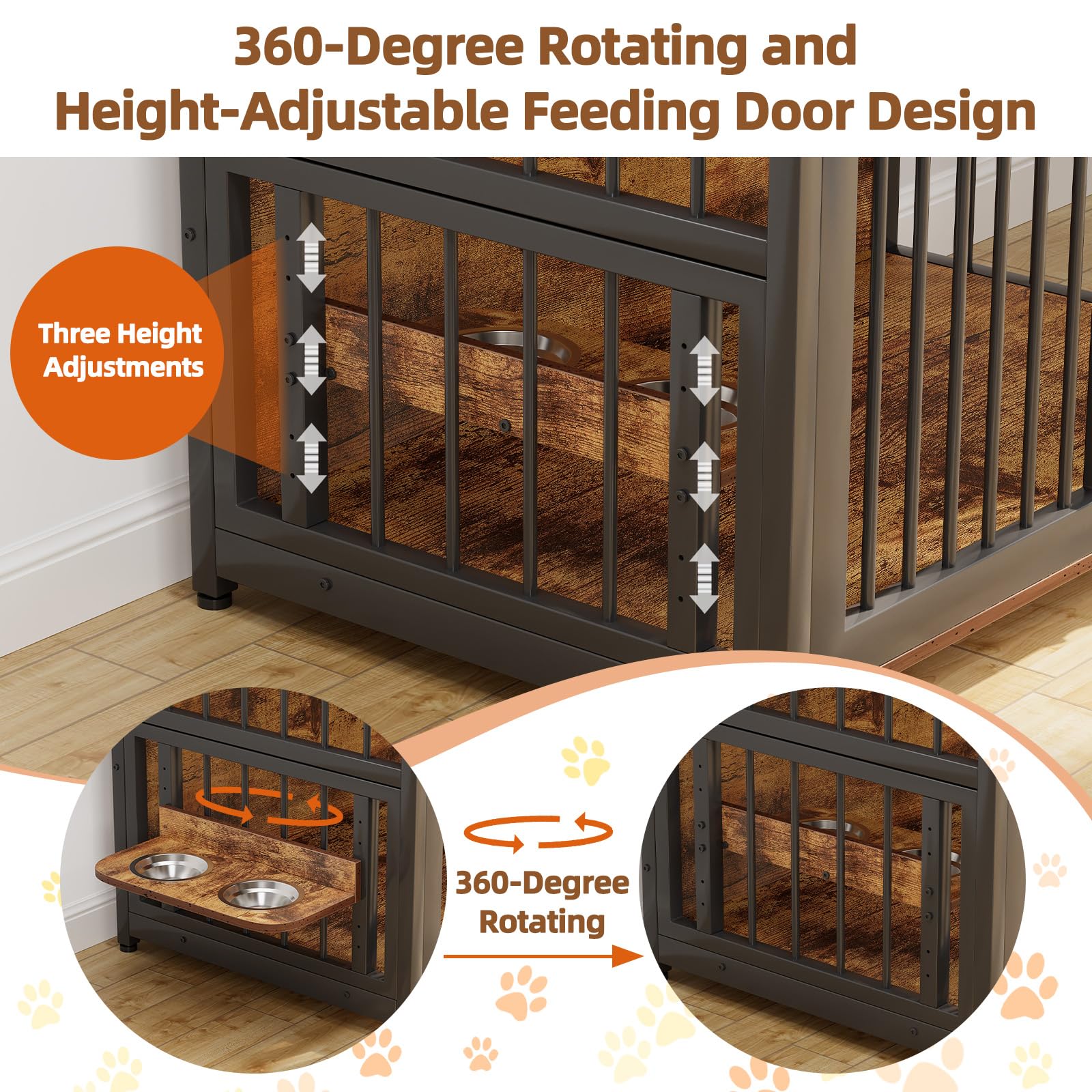 Garvee Dog Crate Furniture With 2 Drawers, Wooden Dog Kennel Indoor, Adjustable 360° Stainless Steel Feeder, Rustic Brown, Small Medium Dogs