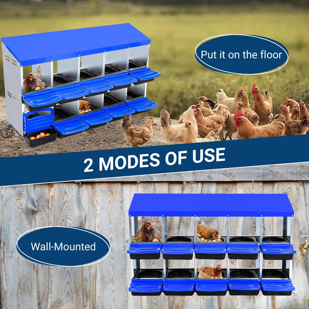 Garvee Chicken Nesting Box 10-Hole Roll Away Egg Laying Box Heavy-Duty Galvanized Steel Rustproof Blue Wall-Mountable