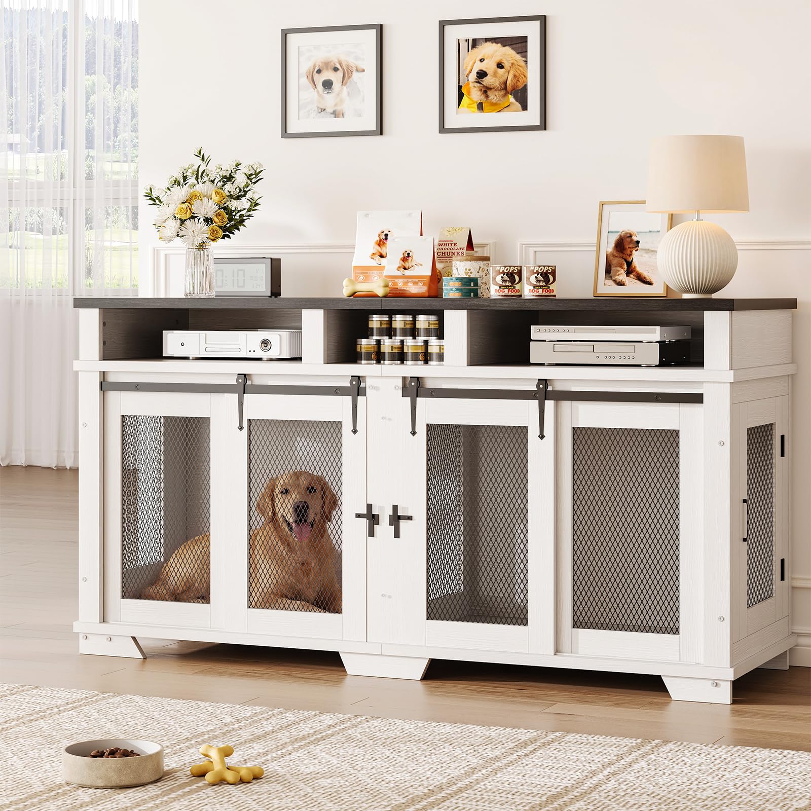 Garvee 71'' Dog Crate Furniture for 2 Dogs, Extra Large Double Dog Kennel with Removable Divider and Storage Drawers, Wooden TV Stand for Large Medium Dogs in White, Natural Wood, Brown