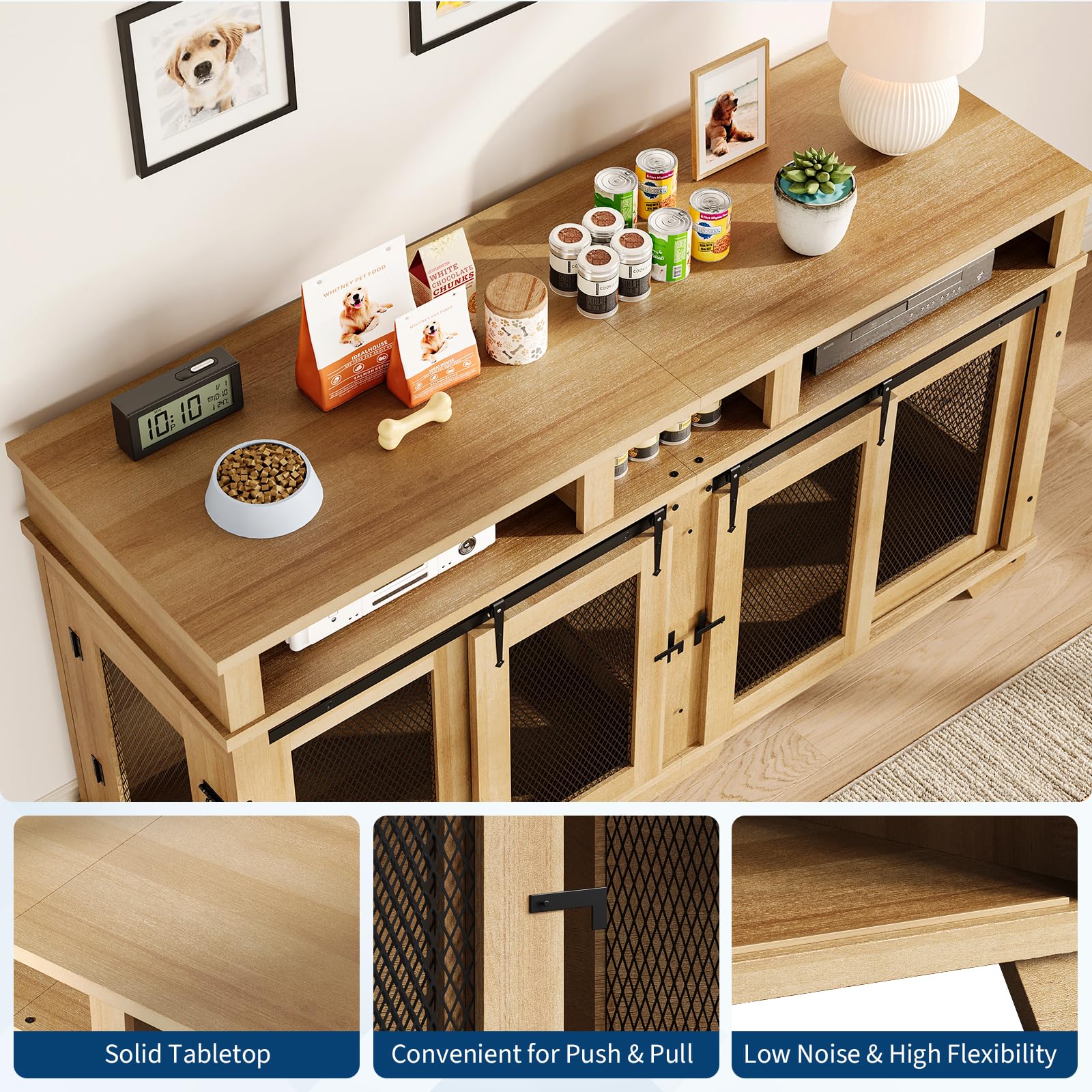 Garvee 71'' Dog Crate Furniture for 2 Dogs, Extra Large Double Dog Kennel, Indoor Wooden Dog Crate TV Stand, White/Natural Wood/Brown
