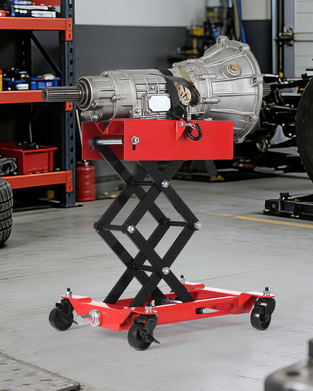 Garvee 450 lbs Low-Profile Transmission Jack, Adjustable Floor Jack with Safety Strap, Heavy-Duty Auto Repair Lifting Jack with 4 Wheels for Garage and Repair Shop, Red