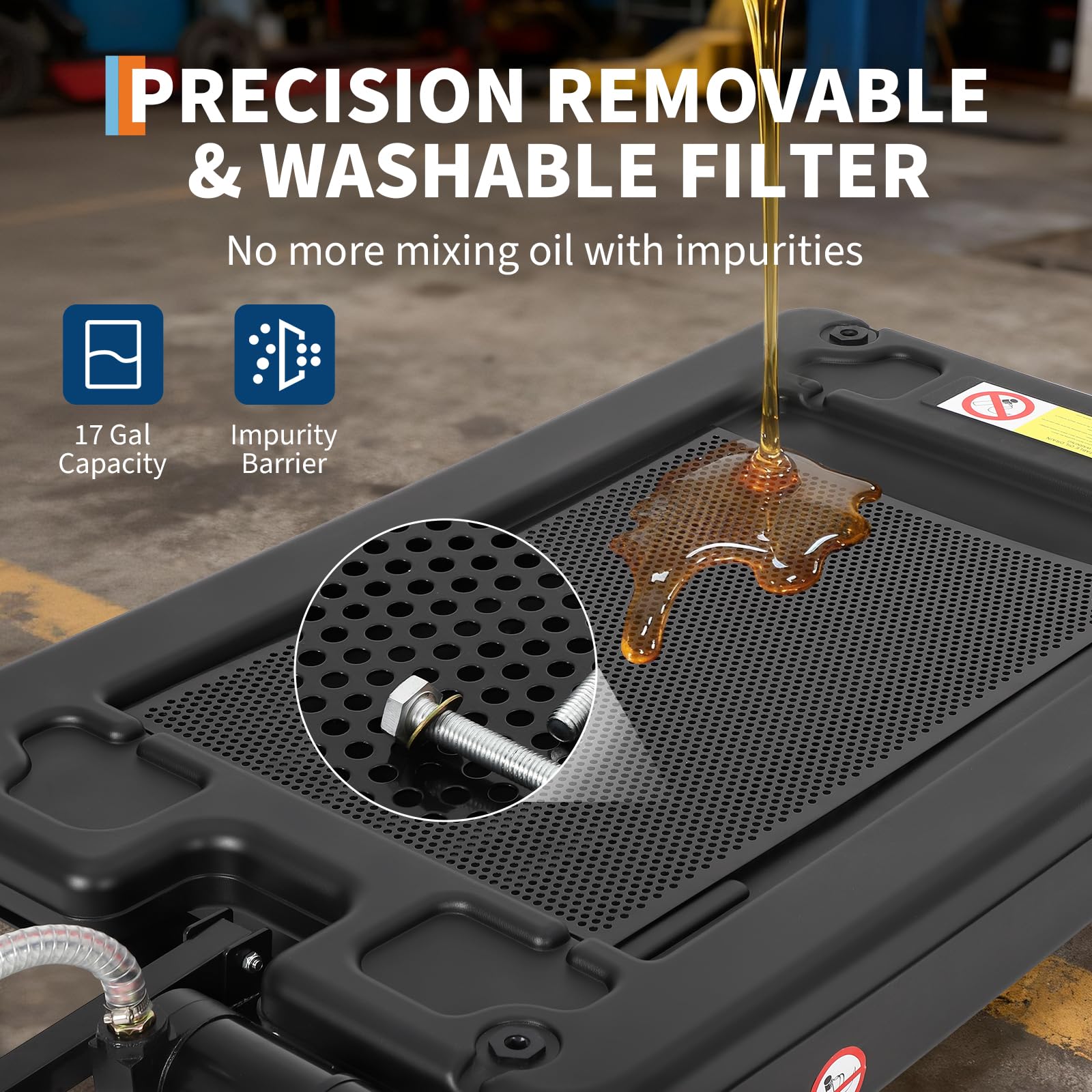 Garvee Oil Drain Pan 17 Gallon Low Profile Oil Drain Tank with Electric Pump for Car SUV Trucks, 64L Black Foldable Hand with Hose and Swivel Casters