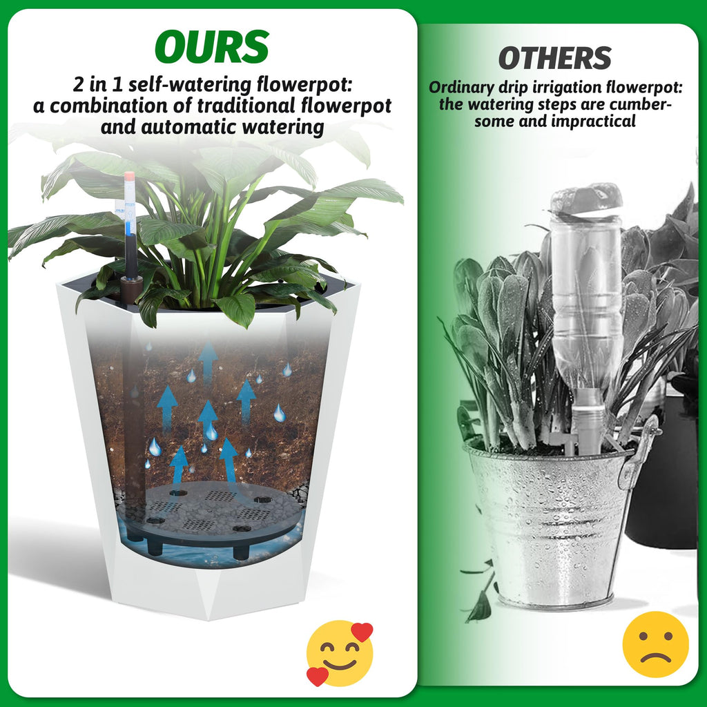 Garvee 16 Inch Tall Diamond Planters Set of 2, Self Watering Planters with Water Level Monitor and Wheels, Flower Pots Outdoor and Indoor for Patio, Porch, Living Room, Home Office, White