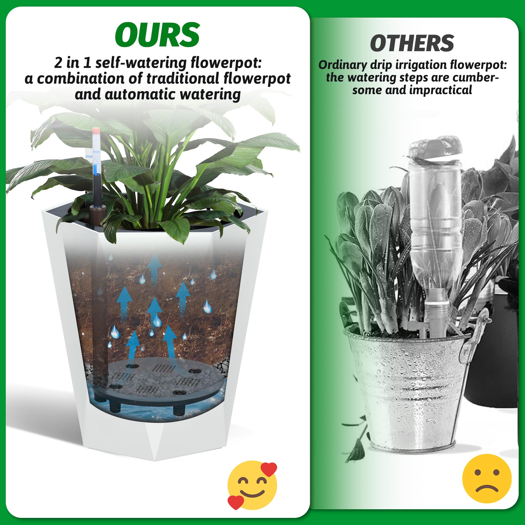 Garvee 16 Inch Tall Diamond Planters Set of 2, Self Watering Planters with Water Level Monitor and Wheels, Flower Pots Outdoor and Indoor for Patio, Porch, Living Room, Home Office, White