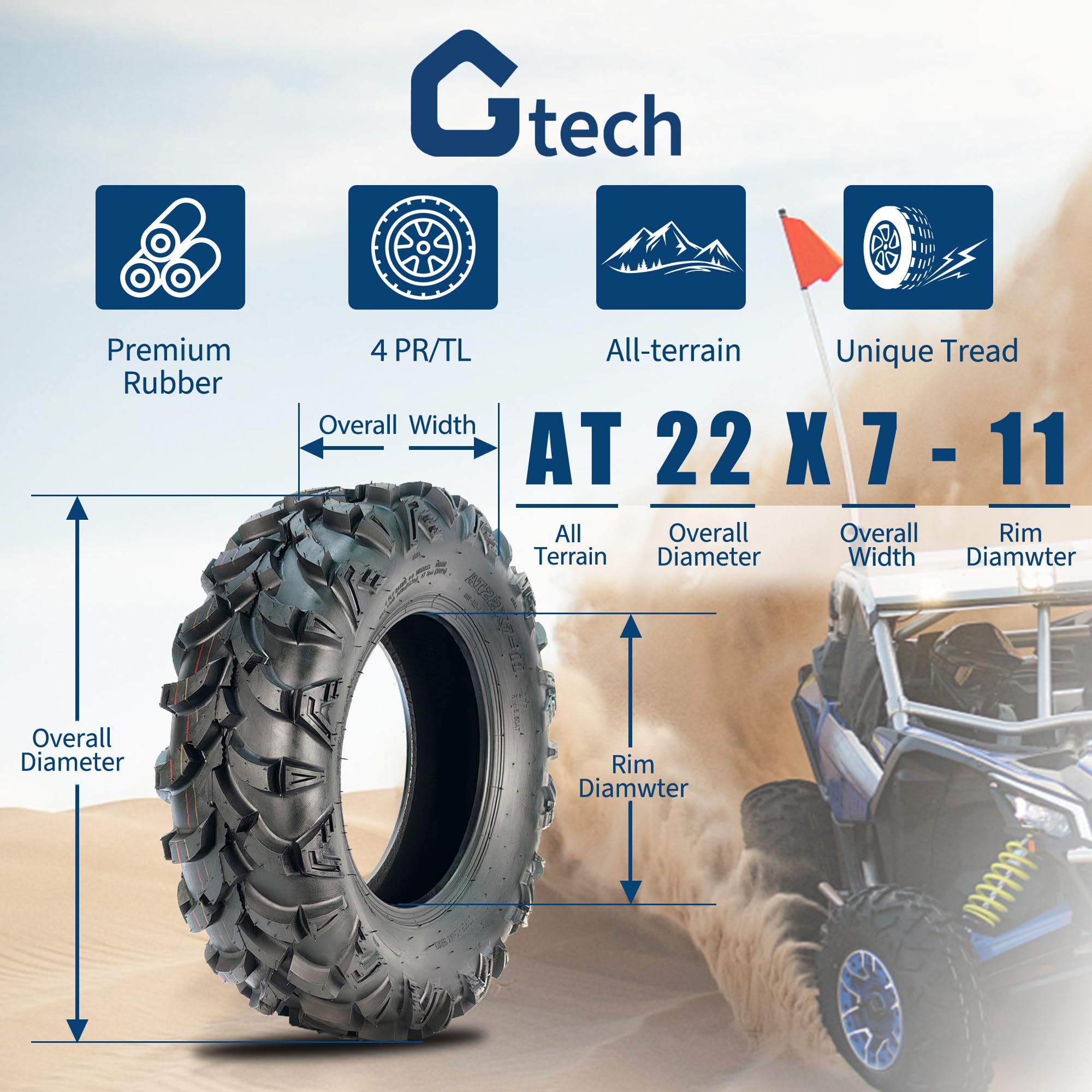 Garvee 22x7-11 ATV Tires 2-Pack Front 4PR All Terrain Trail Sand Off-Road Tubeless Reinforced Sidewall