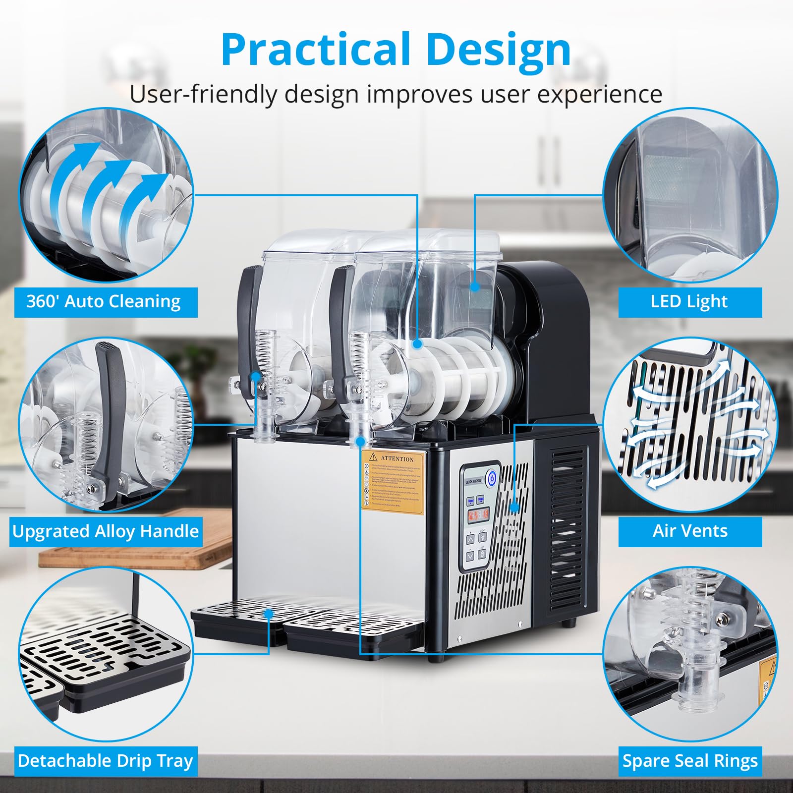 Garvee Commercial Slushie Machine 4Lx2 Stainless Steel 300W Self-Cleaning Double Tank for Home Coffee Shop Restaurant