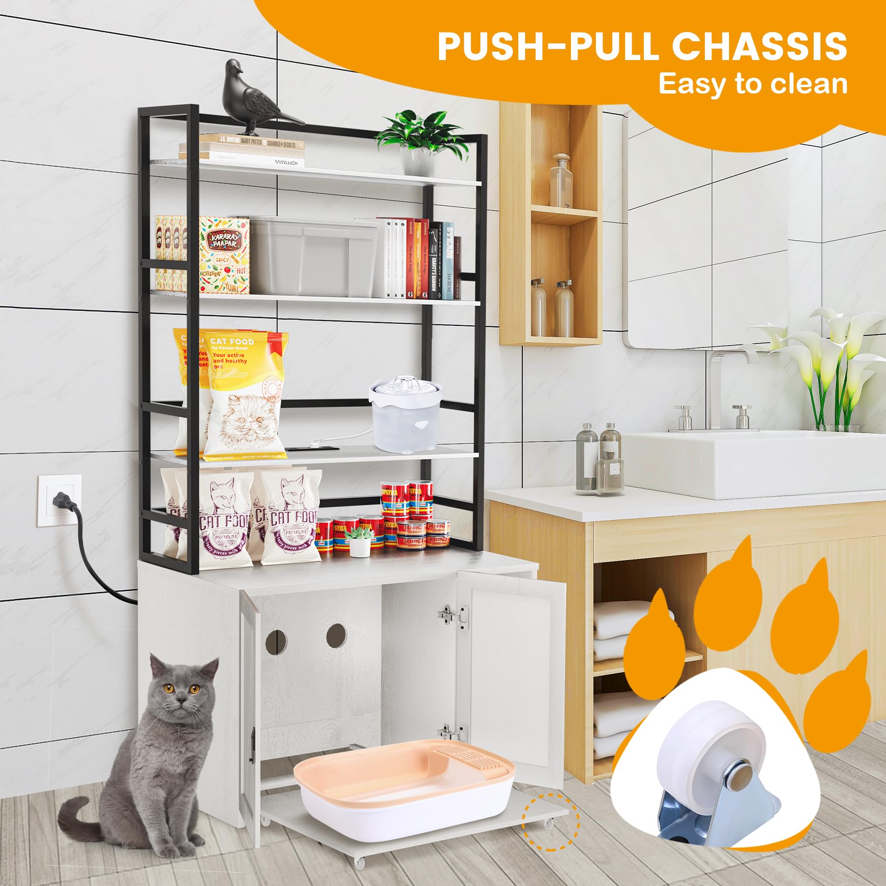 Garvee Cat Litter Box Enclosure, Hidden Cat Litter Box Furniture, Large Double Door Cat House with 3 Shelves and Charging Station, Push-Pull Mobile Chassis