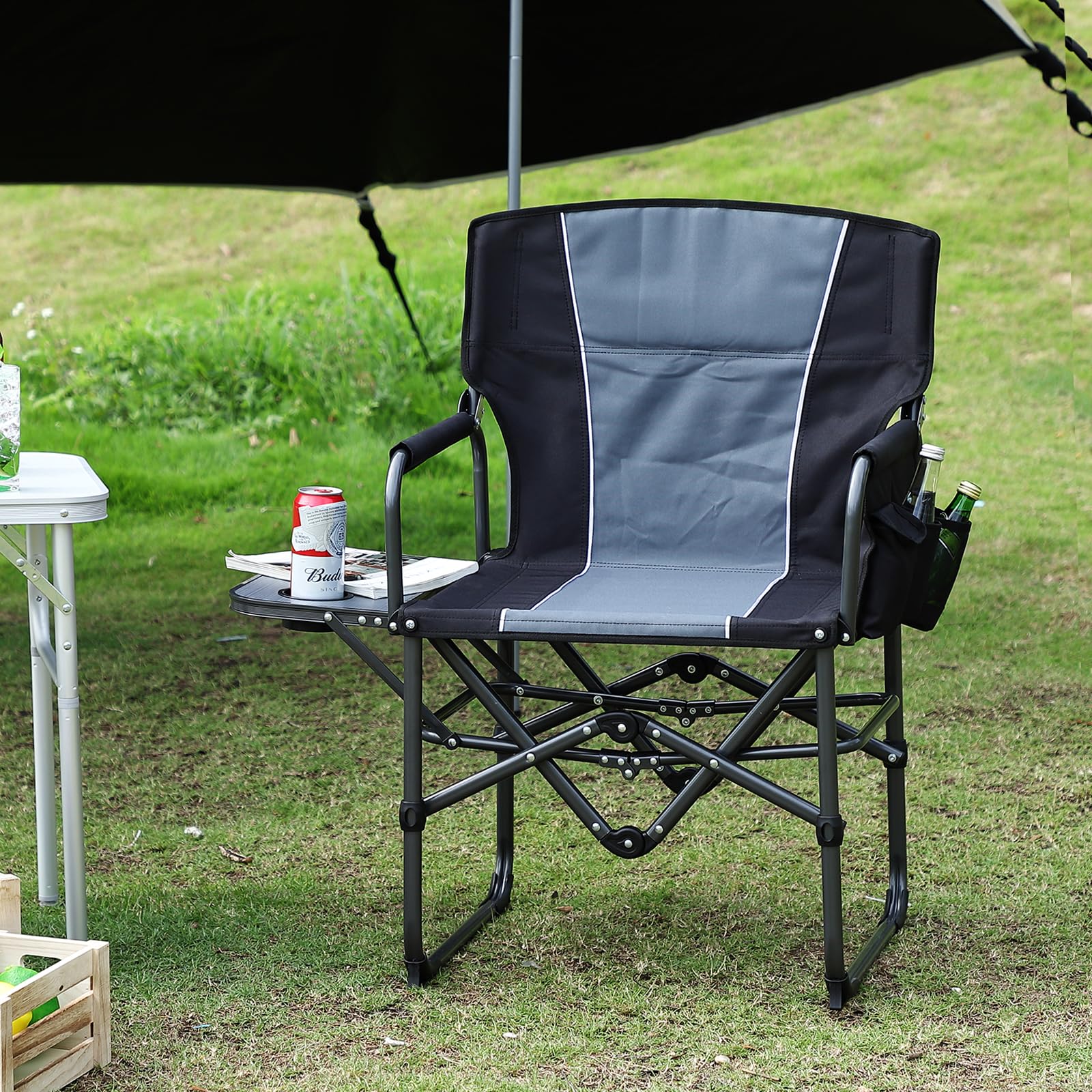 Garvee Camping Chair with Side Table & Storage, Portable Folding Chair for Lawn, Fishing, Sports Events, 400 LB Capacity