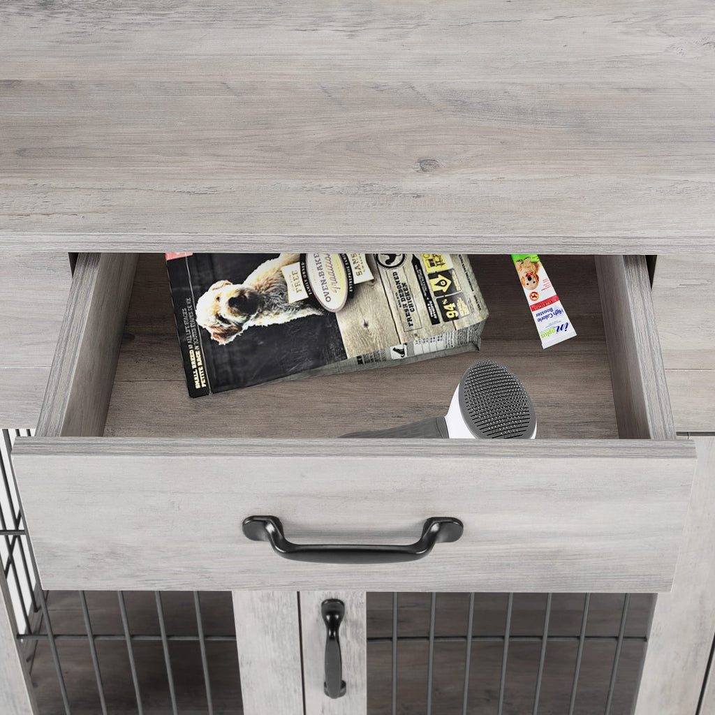 Garvee Wood Look Dog Crate End Table with Drawer, Chew-Proof Metal Fence, Indoor Pet Crate, Grey, Suitable for Small Dogs