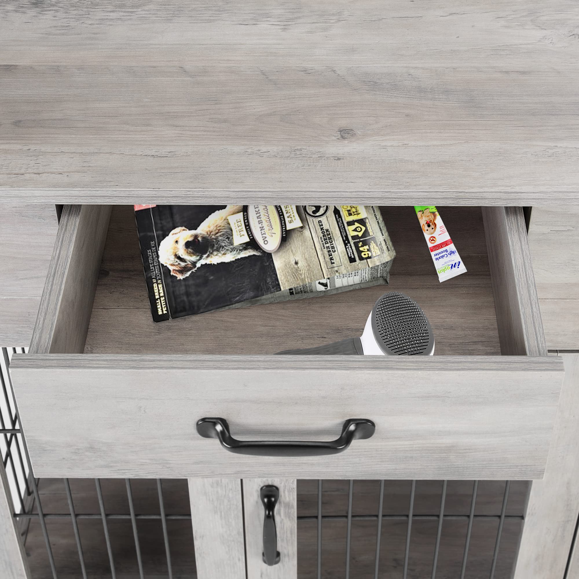 Garvee Wood Look Dog Crate End Table with Drawer, Chew-Proof Metal Fence, Indoor Pet Crate, Grey, Suitable for Small Dogs