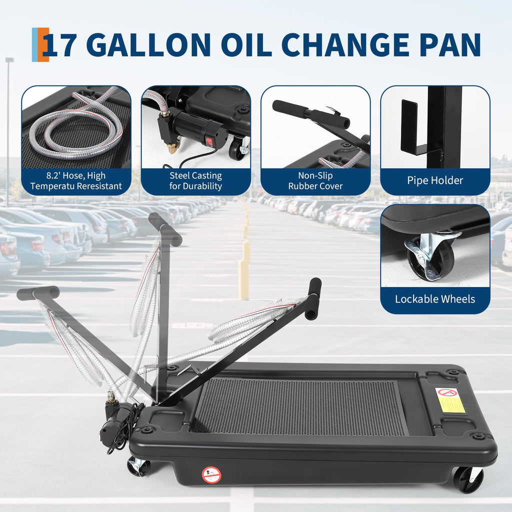 Garvee Oil Drain Pan 17 Gallon Low Profile Oil Drain Tank with Electric Pump for Car SUV Trucks, 64L Black Foldable Hand with Hose and Swivel Casters