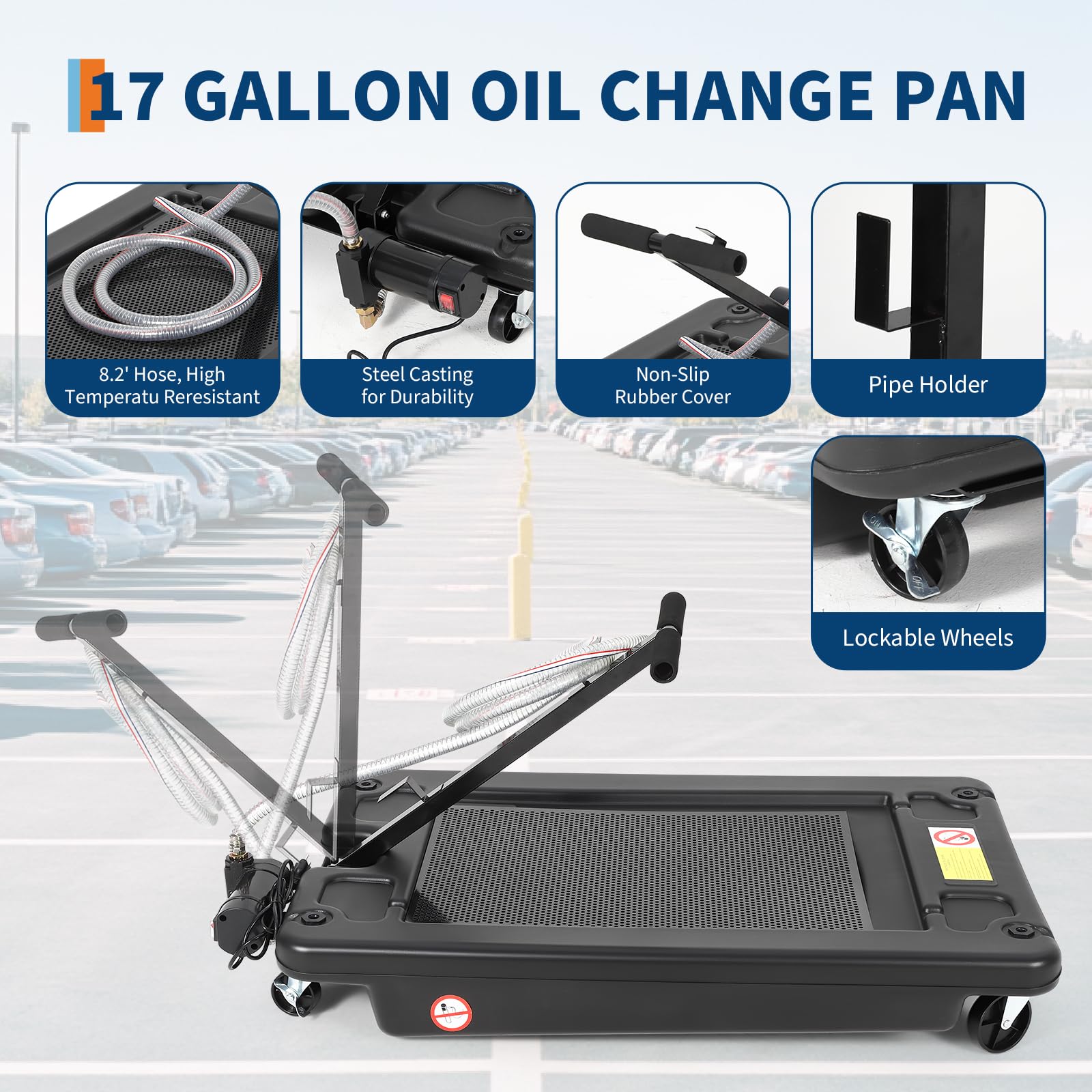 Garvee Oil Drain Pan 17 Gallon Low Profile Oil Drain Tank with Electric Pump for Car SUV Trucks, 64L Black Foldable Hand with Hose and Swivel Casters