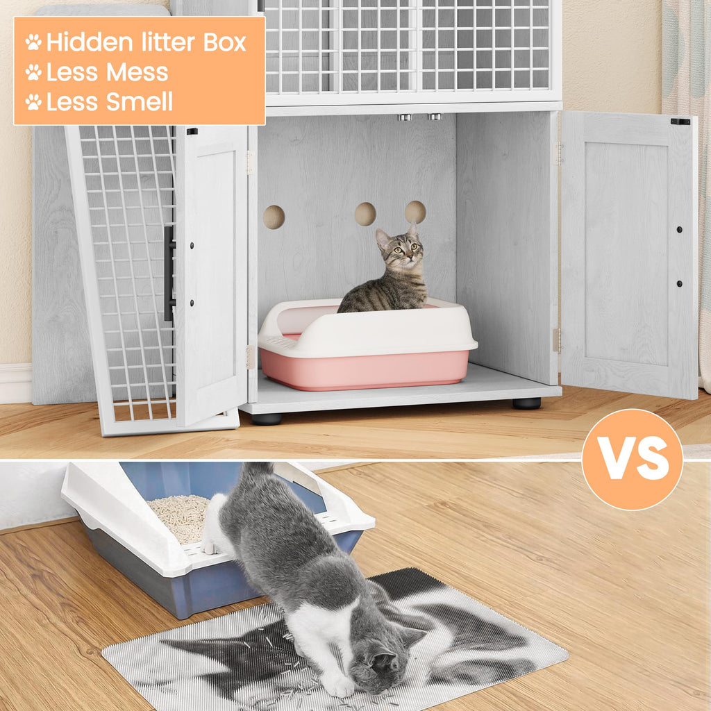 Garvee Villa Cat Litter Box Enclosure, Double Layer, MDF & Iron, Hidden Furniture, Ladder, 33.5" L x 17.9" W x 41.9" H, Antique White