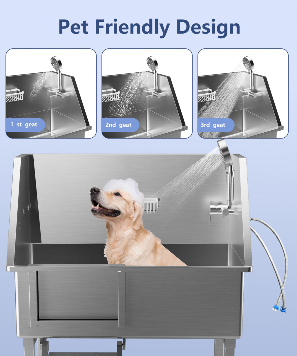 Garvee 34" Dog Grooming Bathtub, Professional Stainless Steel Pet Dog Bathing Station for Small Pets, Left Door & Stairs with Faucet, Sprayer, Drain