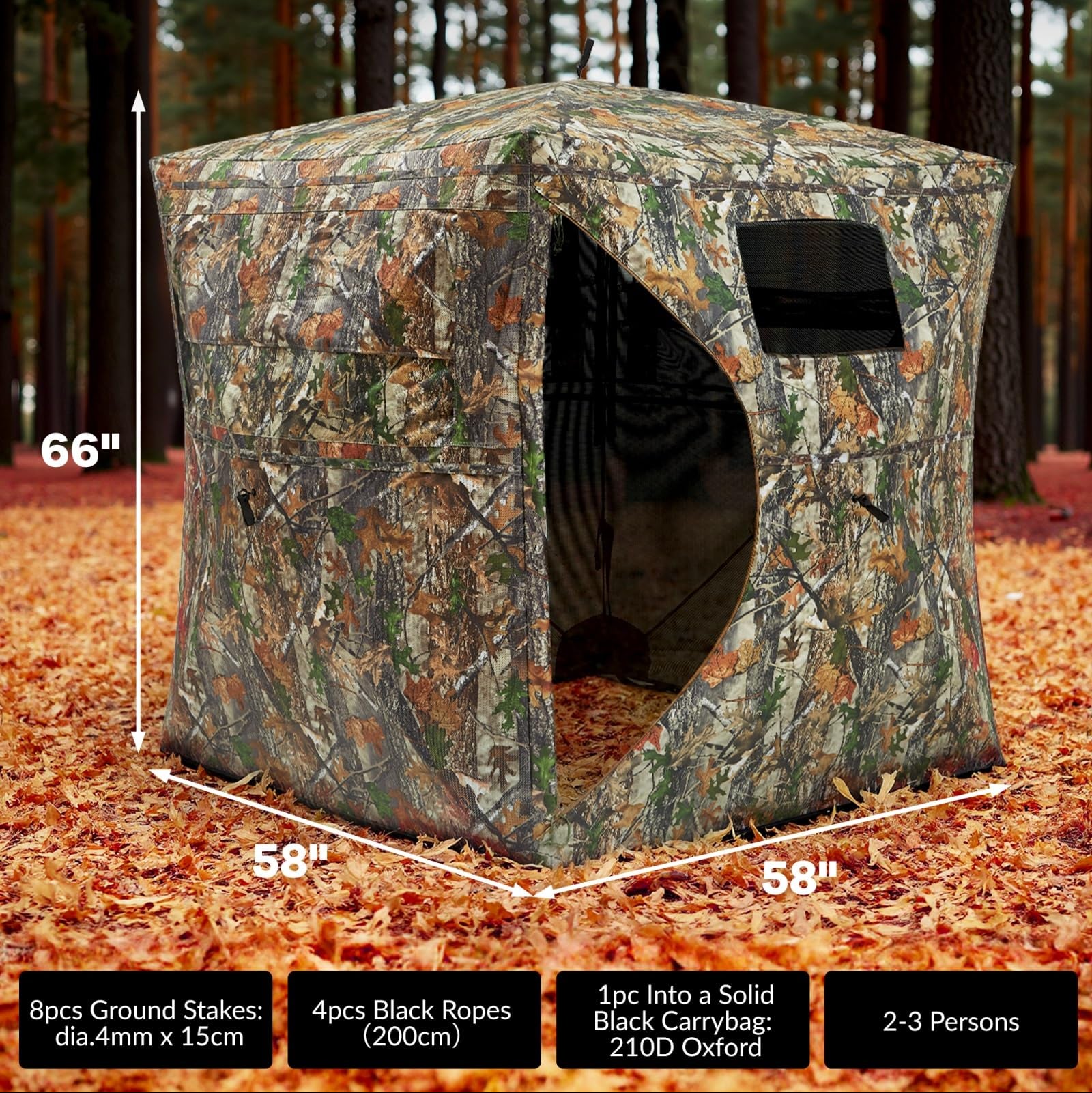 Garvee Pop-Up Hunting Blind - 270° Window Visibility, Silent Magnetic Door, Fits 4-6 People (116"x58"x66"), Lightweight & Portable