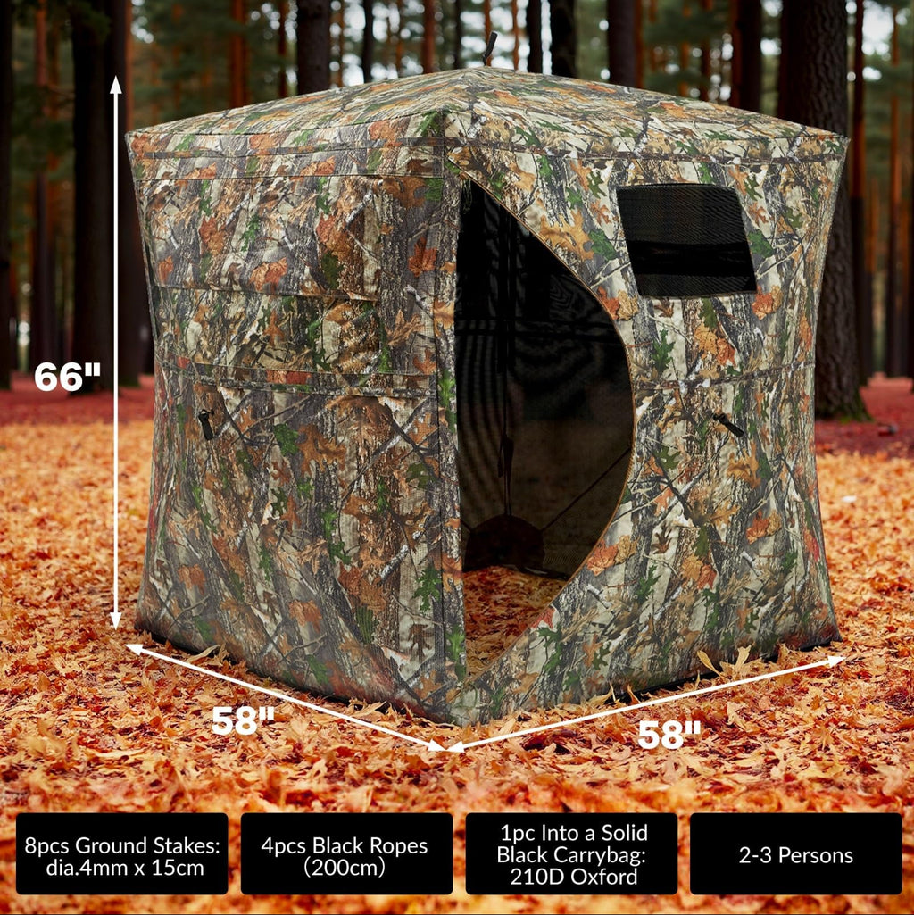 Garvee Pop-Up Hunting Blind for 2-3 People - 270° Window Visibility, Silent Magnetic Door (58"x58"x66"), Lightweight & Portable
