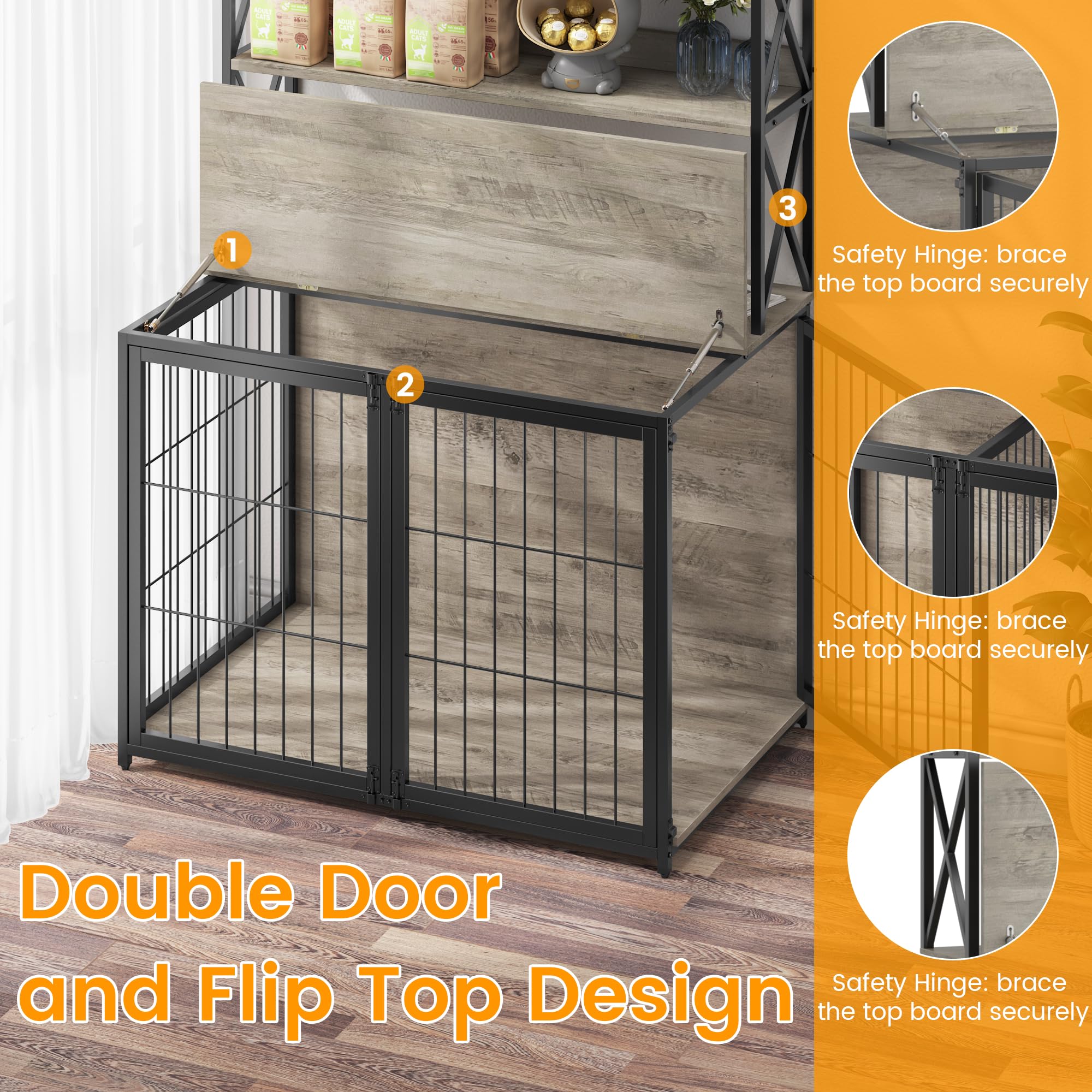 Garvee Wooden Dog Crate Furniture End Table with Flip Top and Movable Divider, 42.5 Inch Dog Cage with Storage Shelves, Large Dog Kennel Indoor Furniture with 3 Doors, Grey