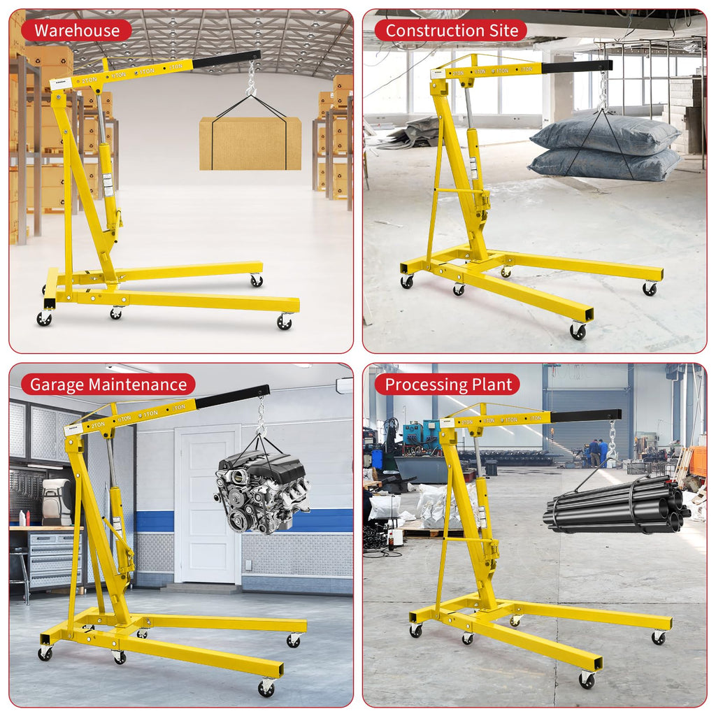 Garvee 2-Ton Folding Engine Hoist - 4400 lbs Capacity Cherry Picker Hydraulic Shop Crane with Telescoping Boom, 6 Caster Wheels, Hitch, and Storage Stand for Automotive Repair and Garage Use, Yellow