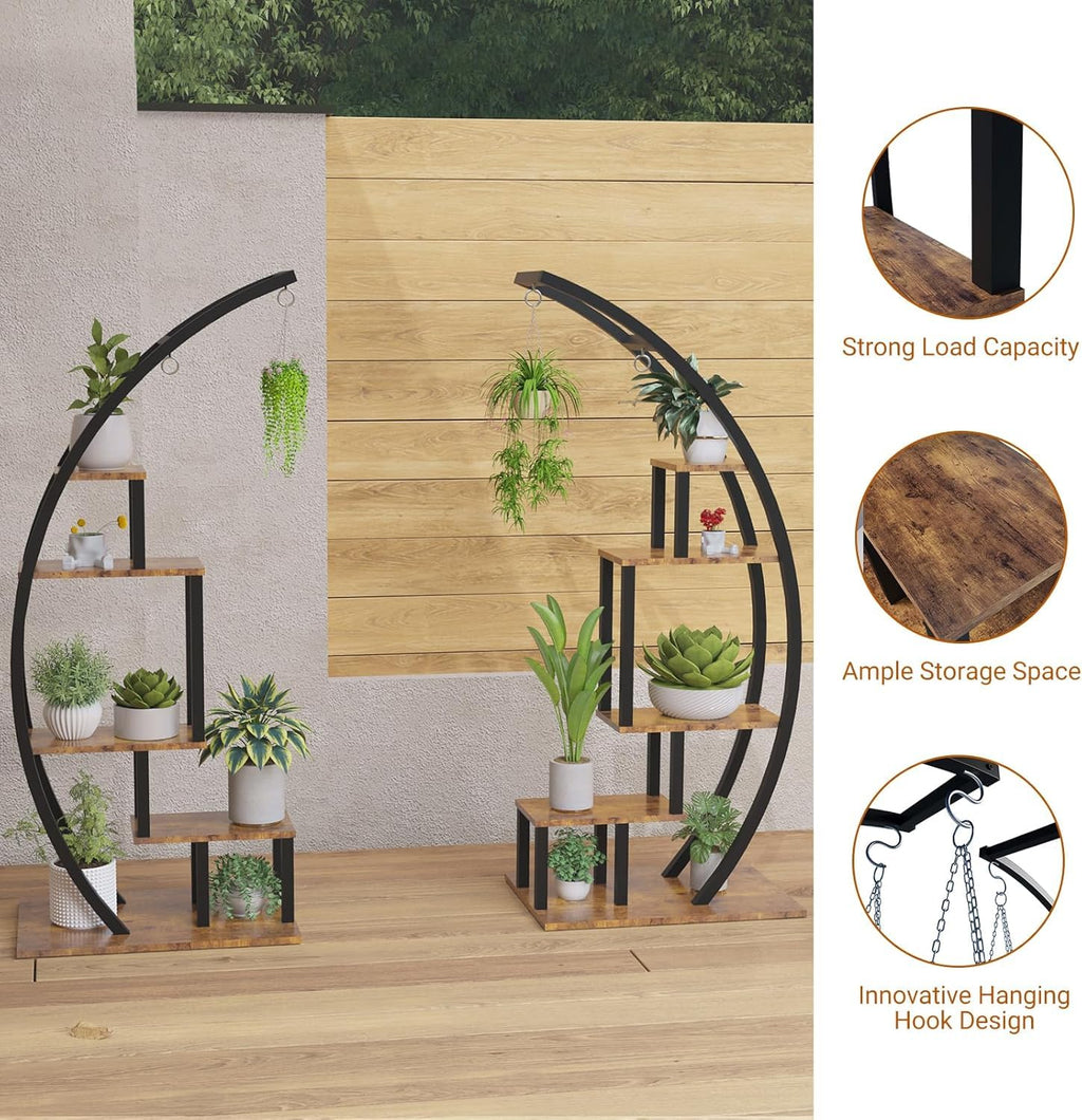 Garvee 5-Tier Half Moon Indoor Plant Stand - Metal Flower Shelf with Hanging Hooks for Indoor Gardening & Home Decor