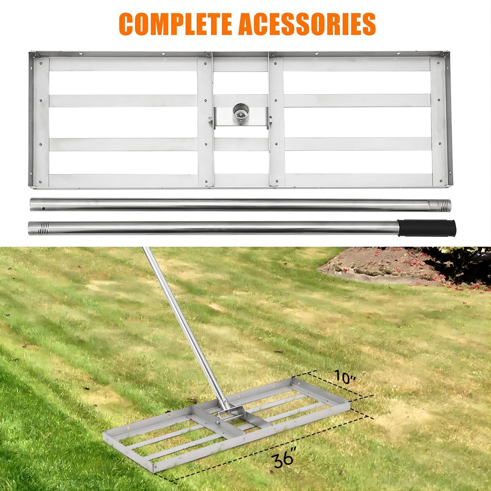 Garvee 36"×10" Heavy-Duty Steel Lawn Leveling Rake with 180° Flexible Rotation - Topdressing Spreader Tool for Backyard, Garden, Golf Course, Farm, and Pasture