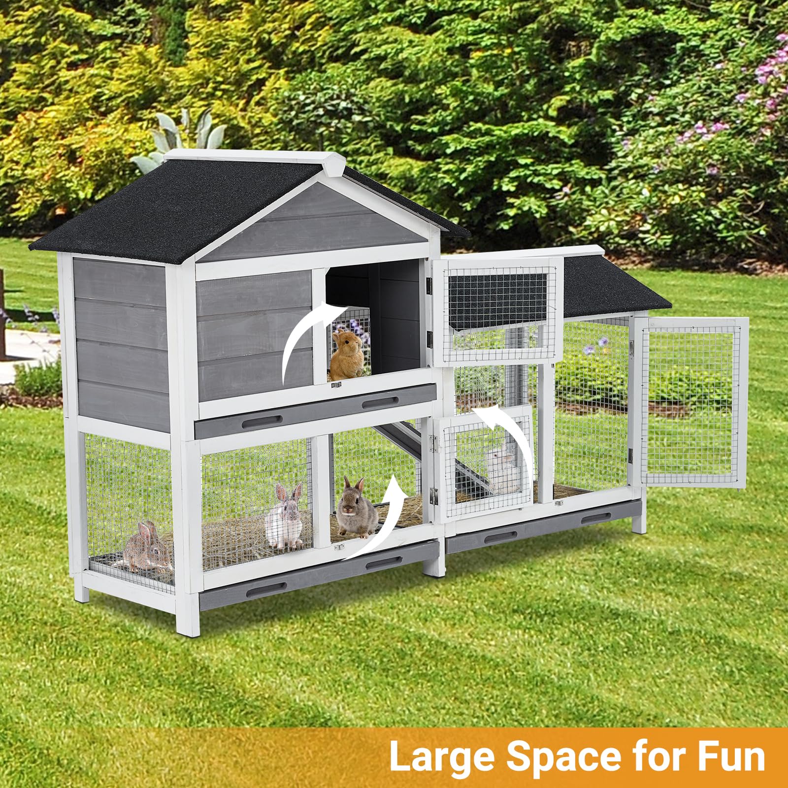 Garvee  Two Floors 63" Wooden Outdoor Indoor Roof Waterproof Bunny Hutch Rabbit Cage Guinea Pig Coop PET House for Small to Medium Animals with Stairs and Cleaning Tray