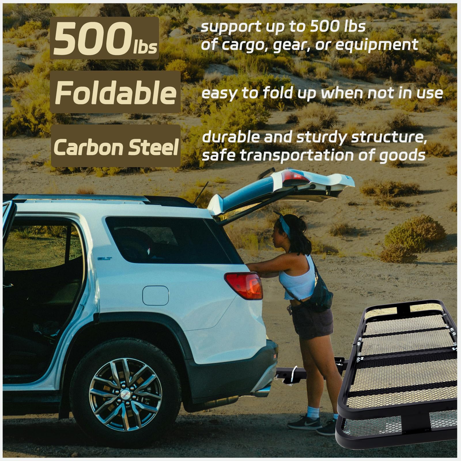 Garvee Hitch Mount Cargo Carrier Basket 60"x24"x14" Black Steel 500 Lbs Capacity for Cars and SUVs