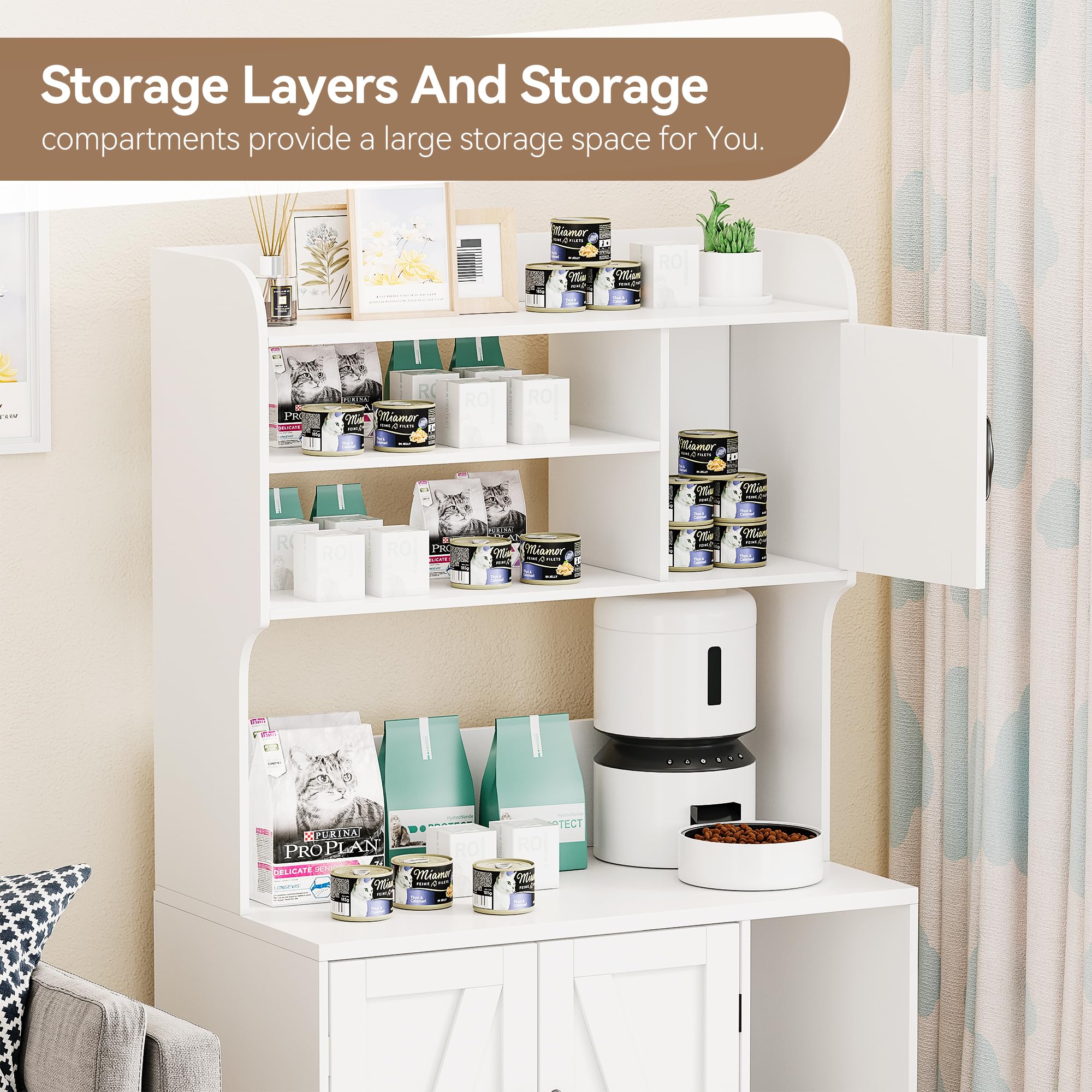 Garvee Cat Litter Box Enclosure, Modern Hidden Cat Litter Box Furniture with 4-Tier Storage Shelves, 2 Cabinets, Cat Litter Mat, Large Wood Indoor Cat House Furniture for Home, White