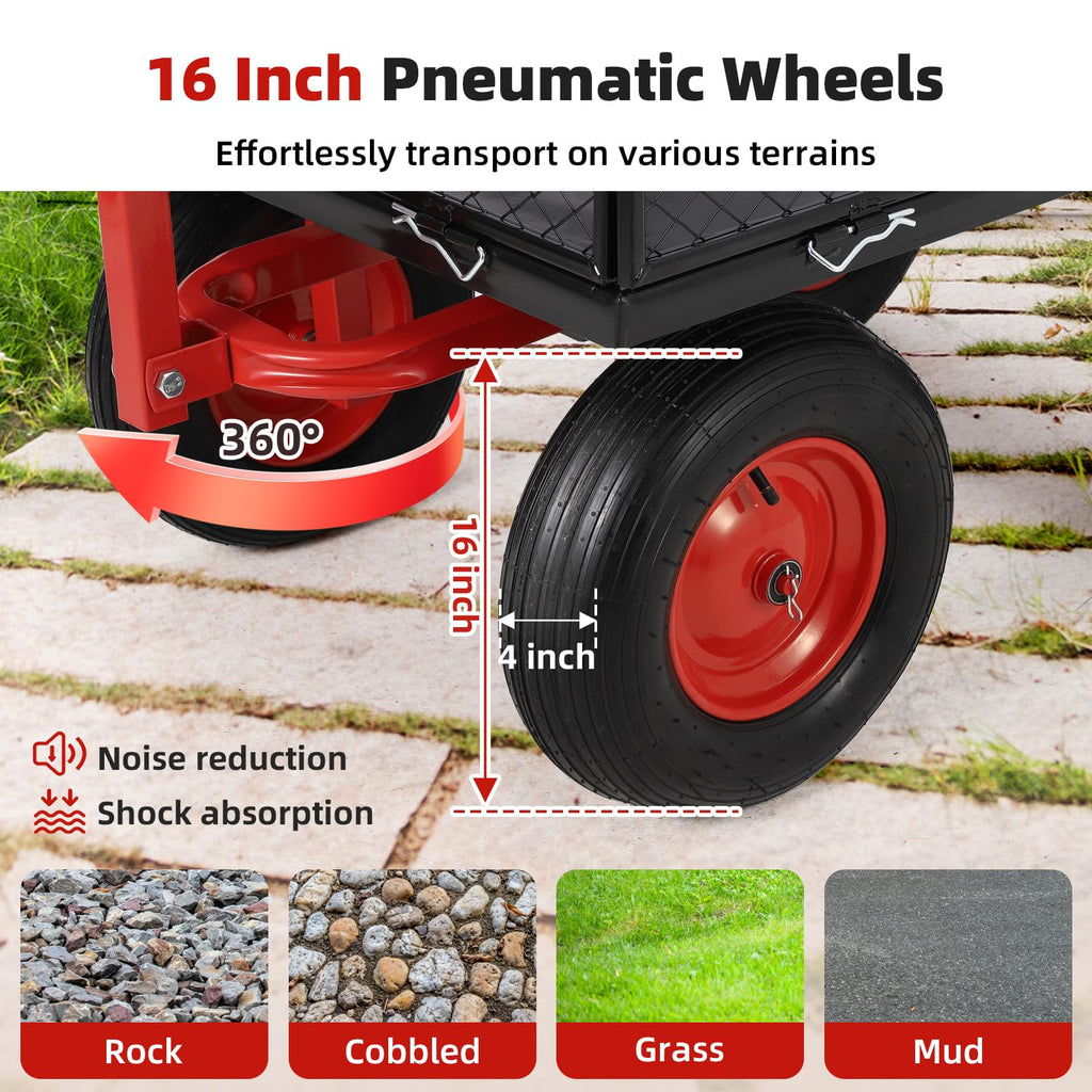 Garvee 1400lbs Steel Garden Cart - Heavy Duty Yard & Garden Wagon with Removable Mesh Sides, 2-in-1 Rotating Handle & 16" All-Terrain Wheels for Farm & Yard