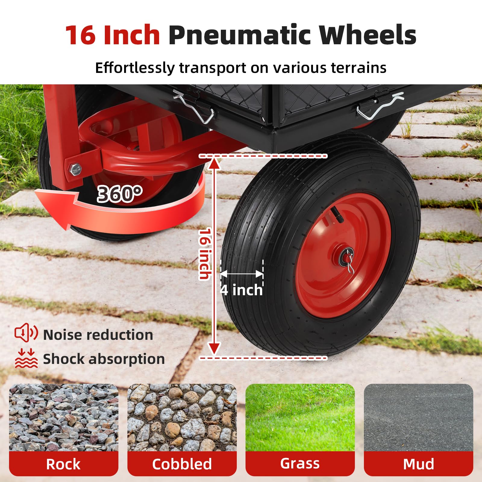 Garvee 1400lbs Steel Garden Cart - Heavy Duty Yard & Garden Wagon with Removable Mesh Sides, 2-in-1 Rotating Handle & 16" All-Terrain Wheels for Farm & Yard
