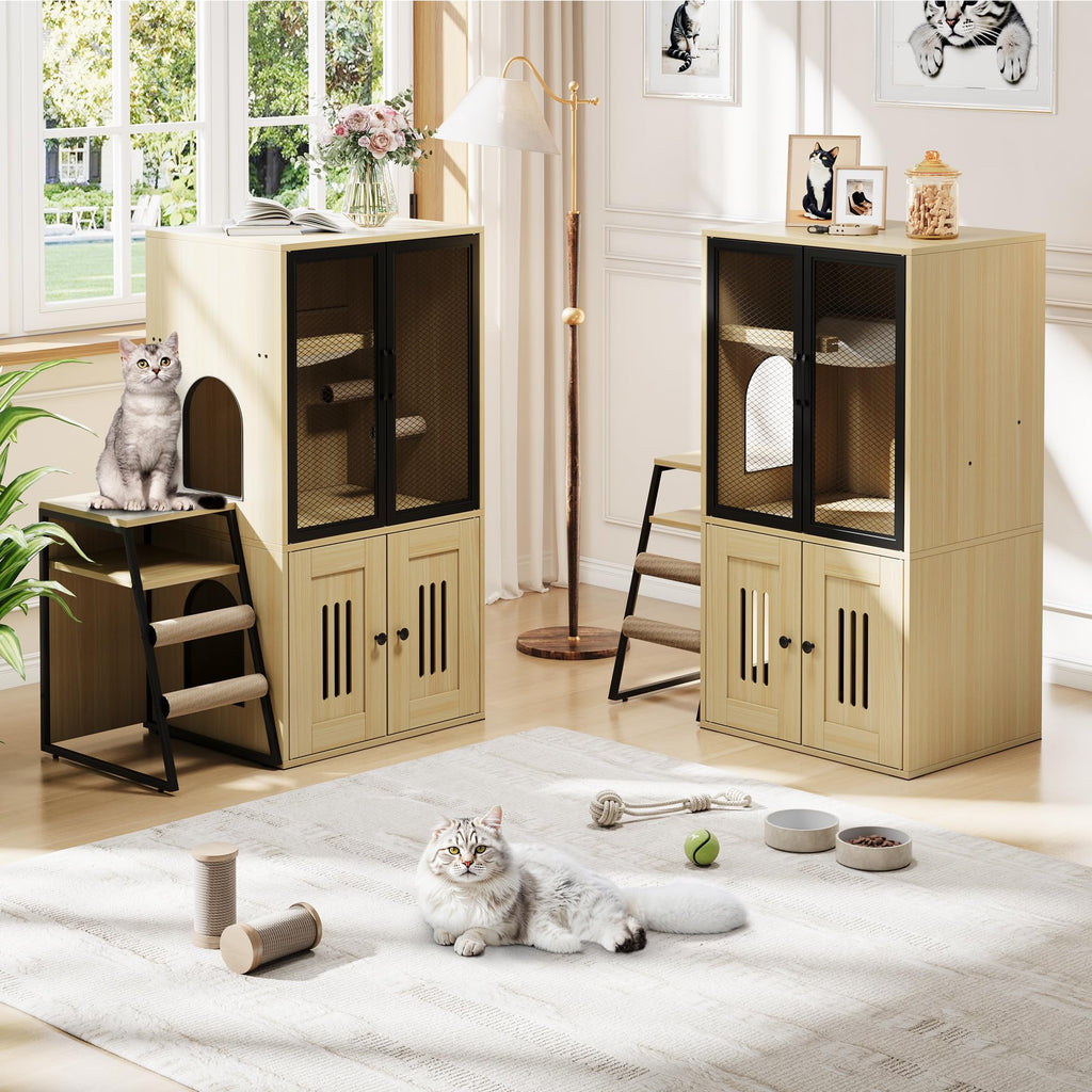 Garvee Cat Litter Box Enclosure With Doors, Double Cat House, Storage Space, Ladder, Burlywood, 22.6"L x 17.7"W x 10.9"H