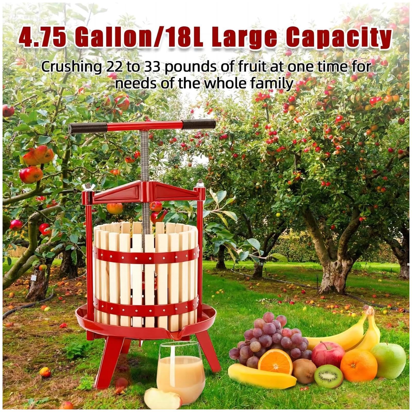 Garvee Fruit Wine Press 4.75 Gal/18L, Wood Steel Fruit Wine Press with 1 Pack Filter Bag, Traditional Juicer Manual T-Handle Fruit Press, Triangular Structure, Juicer Grinder Making Press for Outdoor Kitchen