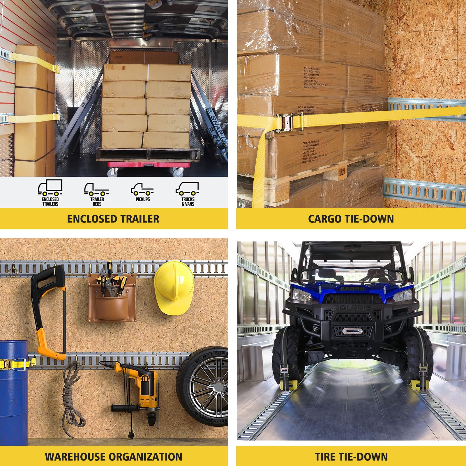 Garvee 4 Pack E-Track Tie-Down Rail Kit, 5FT E Tracks includes 4 Steel Rails & 4 O-Rings & 4 Tie-Offs w/D-Ring, Versatile Trailer Securing Accessories for Trailers, Truck Bed