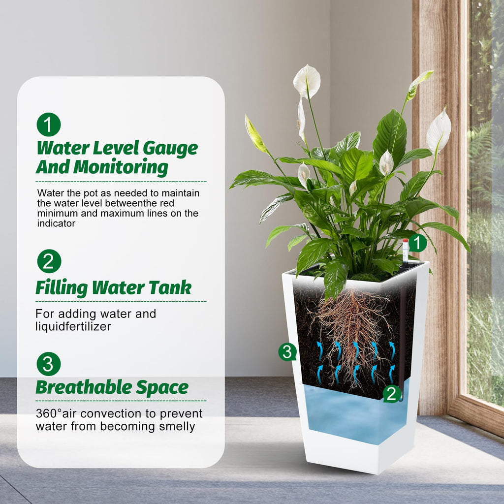 Garvee 16 Inch Tall Rectangular Planters Set of 2 Large Modern Plant Pots with Drainage Holes＆Water Level Monitor＆Wheels Outdoor and Indoor for Patio, Porch, Living Room, or Home Office, White