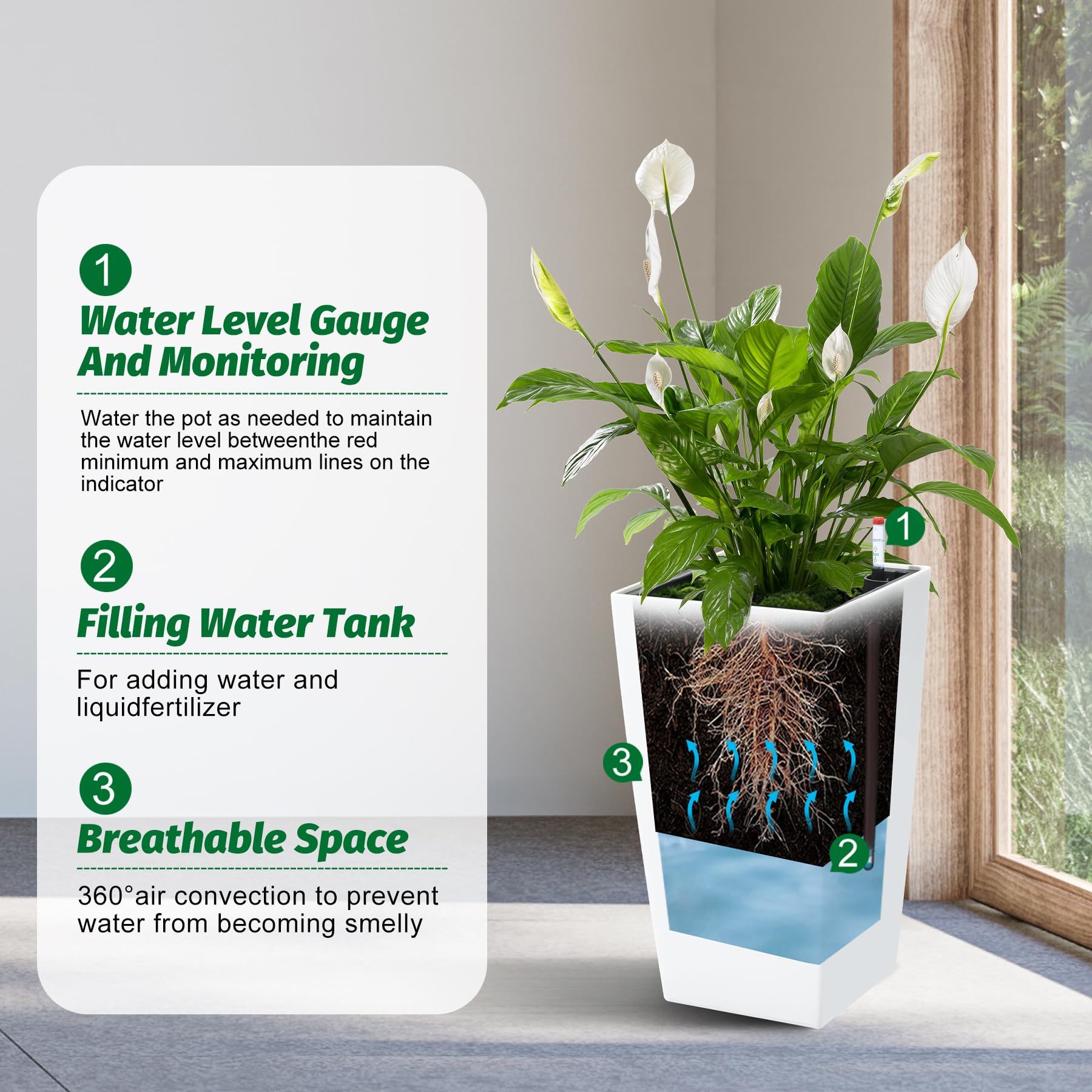 Garvee 16 Inch Tall Rectangular Planters Set of 2 Large Modern Plant Pots with Drainage Holes＆Water Level Monitor＆Wheels Outdoor and Indoor for Patio, Porch, Living Room, or Home Office, White